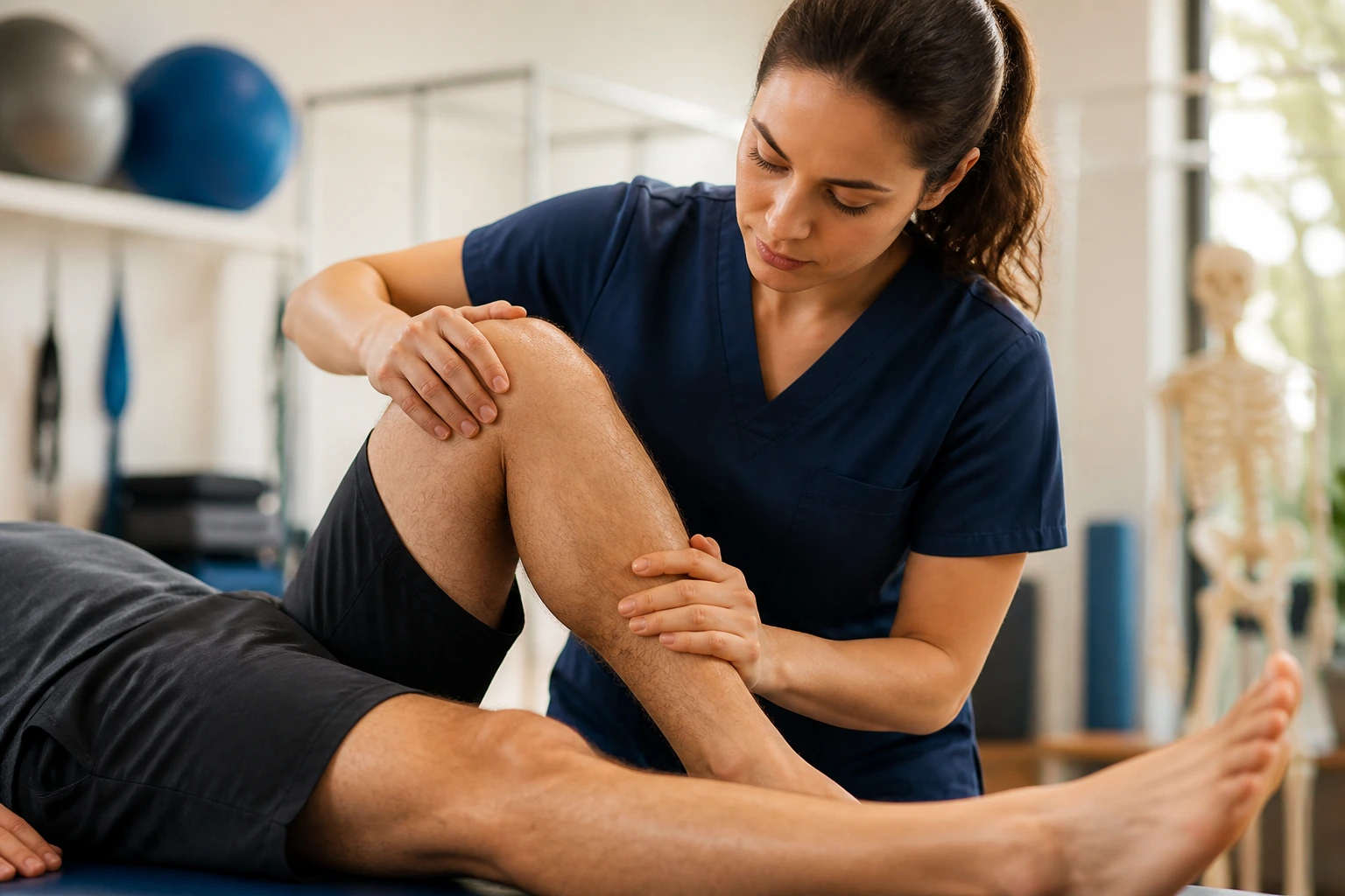Physiotherapist demonstrates a rehabilitation technique to a patient in a clinic.