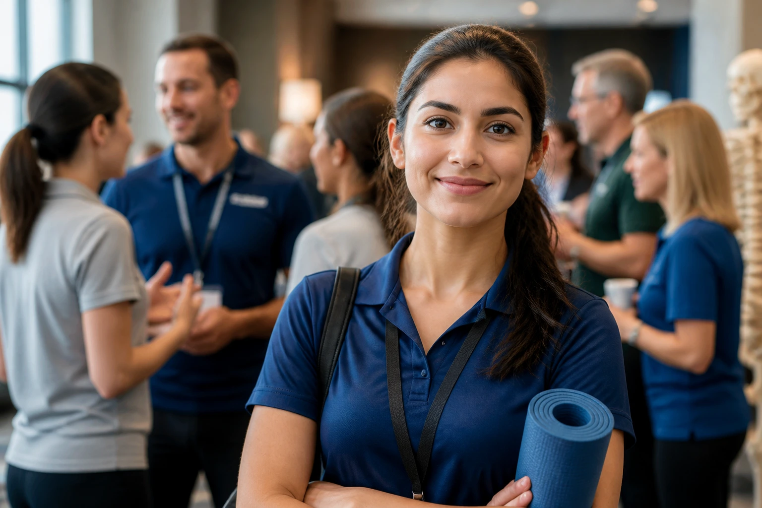 Portrait of a physiotherapist at a conference, suggesting networking with professional peers.