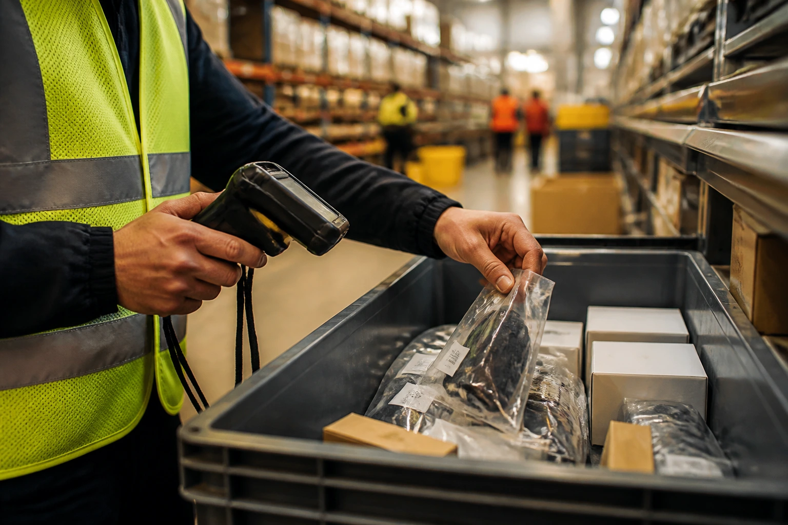 Close-up of a picker’s hands selecting items with a scanner in a warehouse