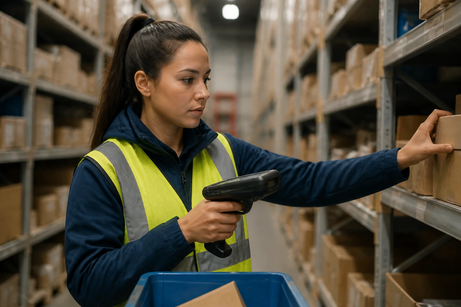 Picker in warehouse aisle with RF scanner during a routine shift