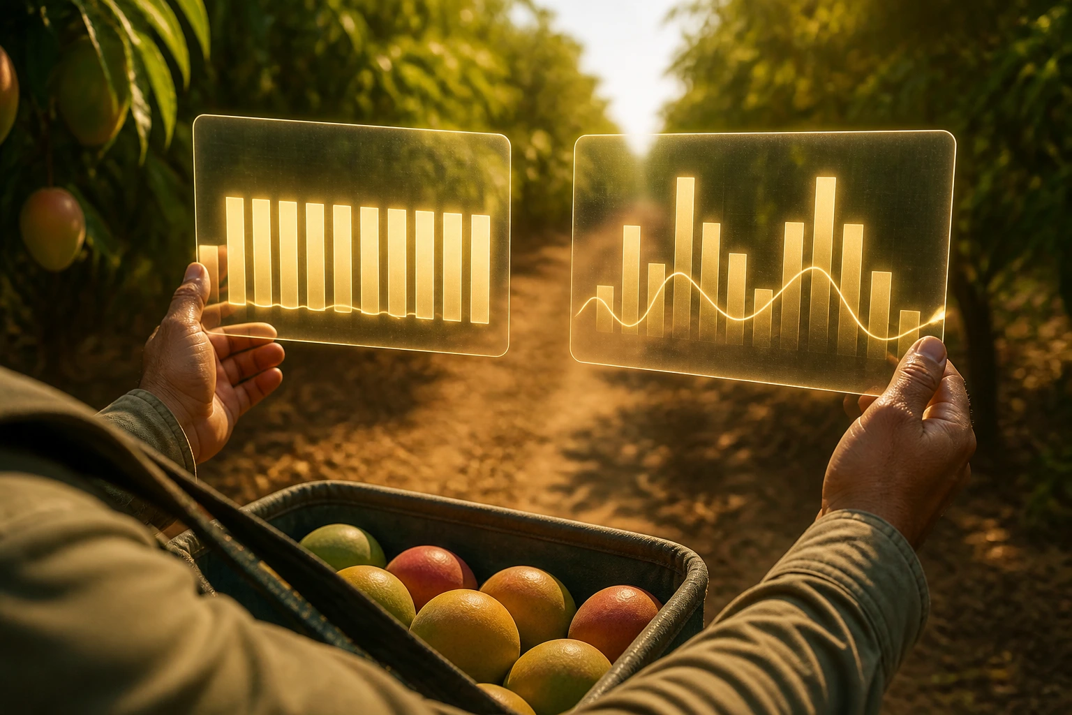 Close-up of a farm worker's hands with abstract panels representing pay methods without text