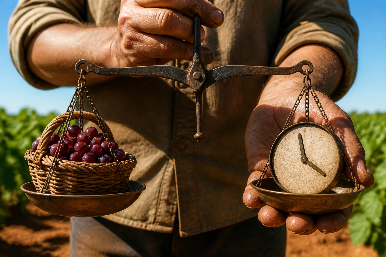 Hands balancing scale with fruit basket and clock silhouette