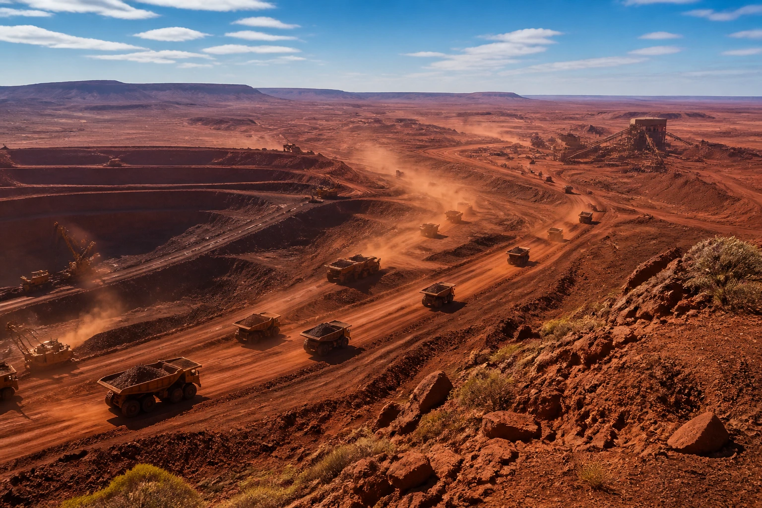 Dramatic Pilbara mining landscape with open pits and equipment