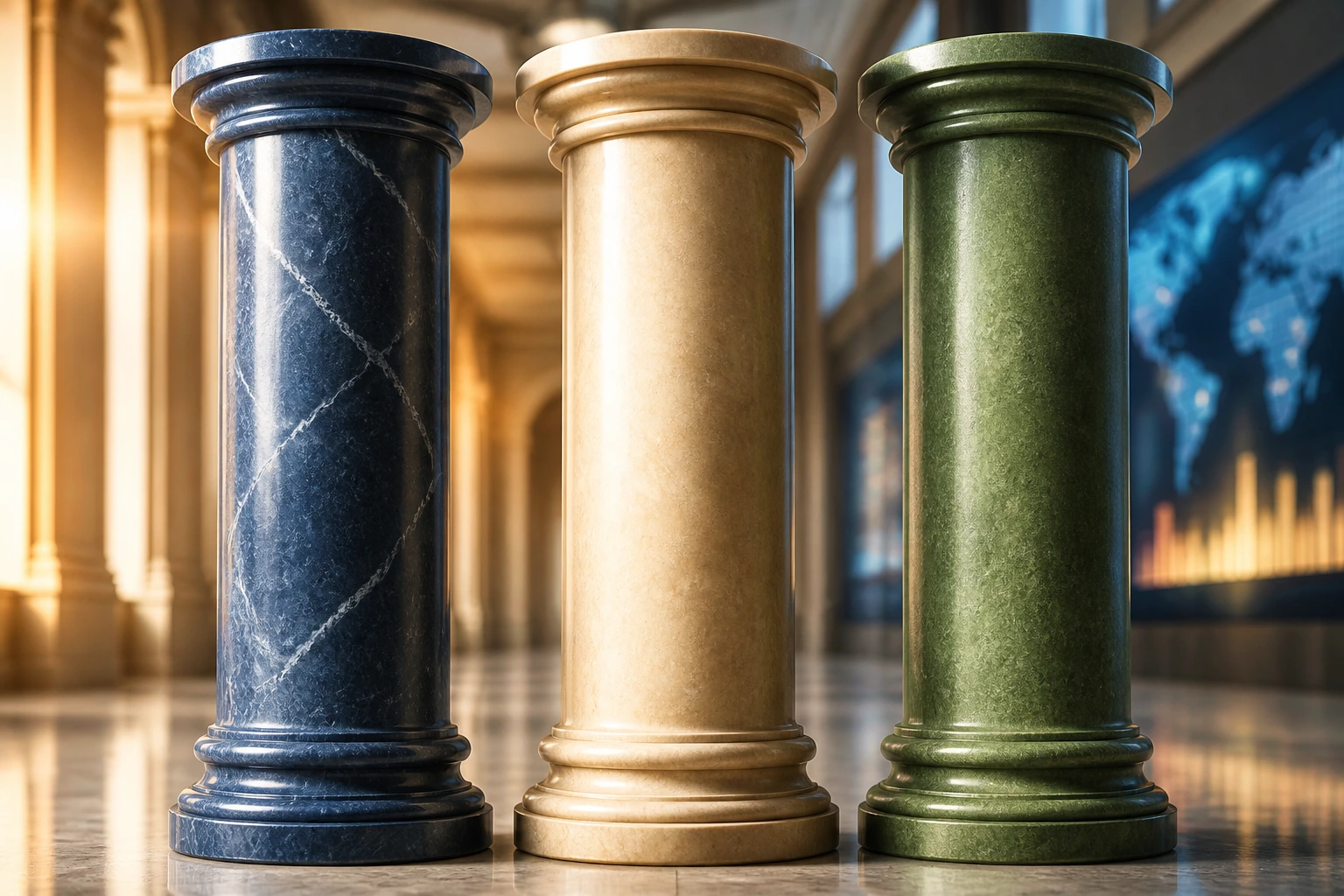 Three pillars representing the main skilled migration lists in a bright corridor setting