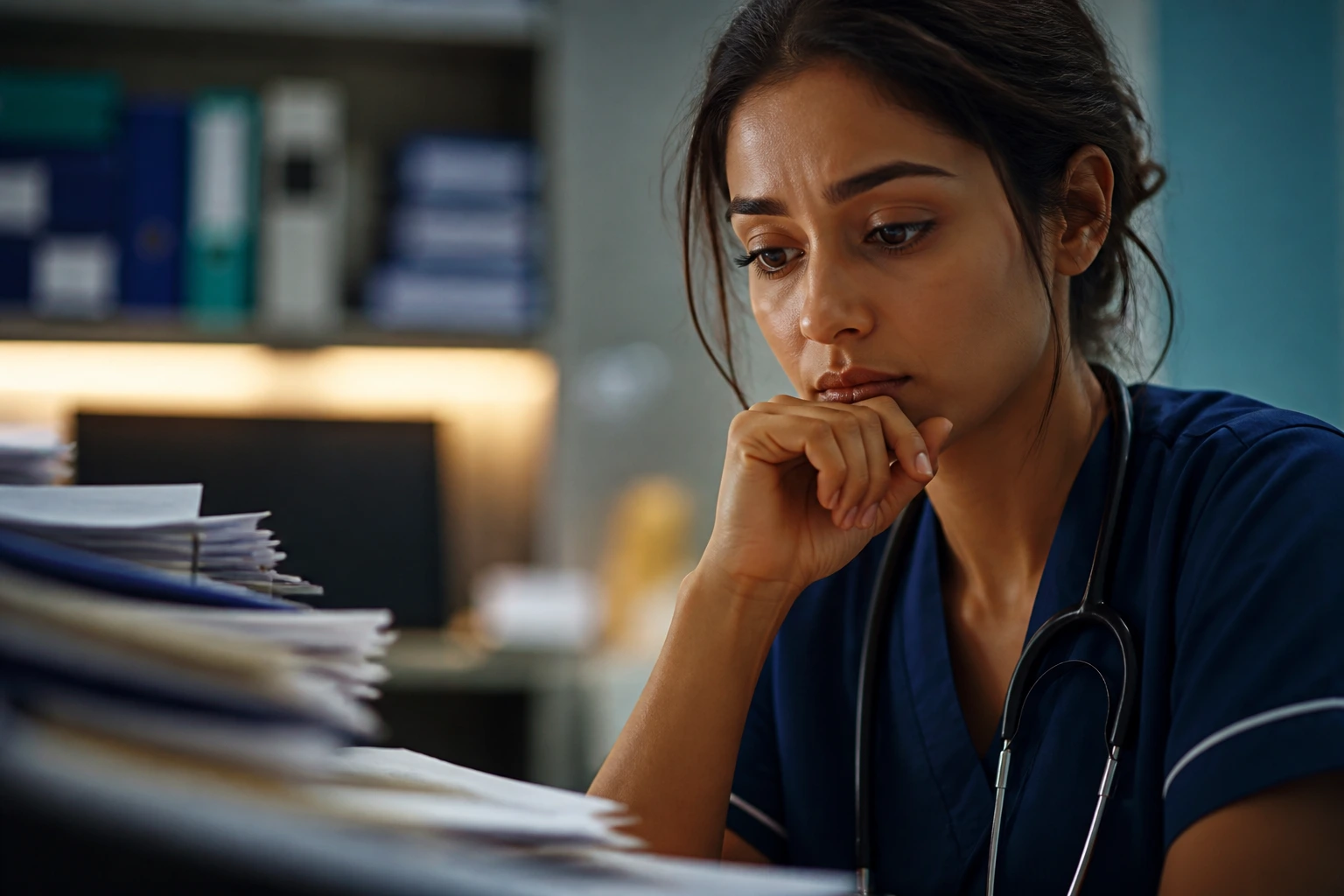 Close-up nurse portrait with a thoughtful expression in an admin setting