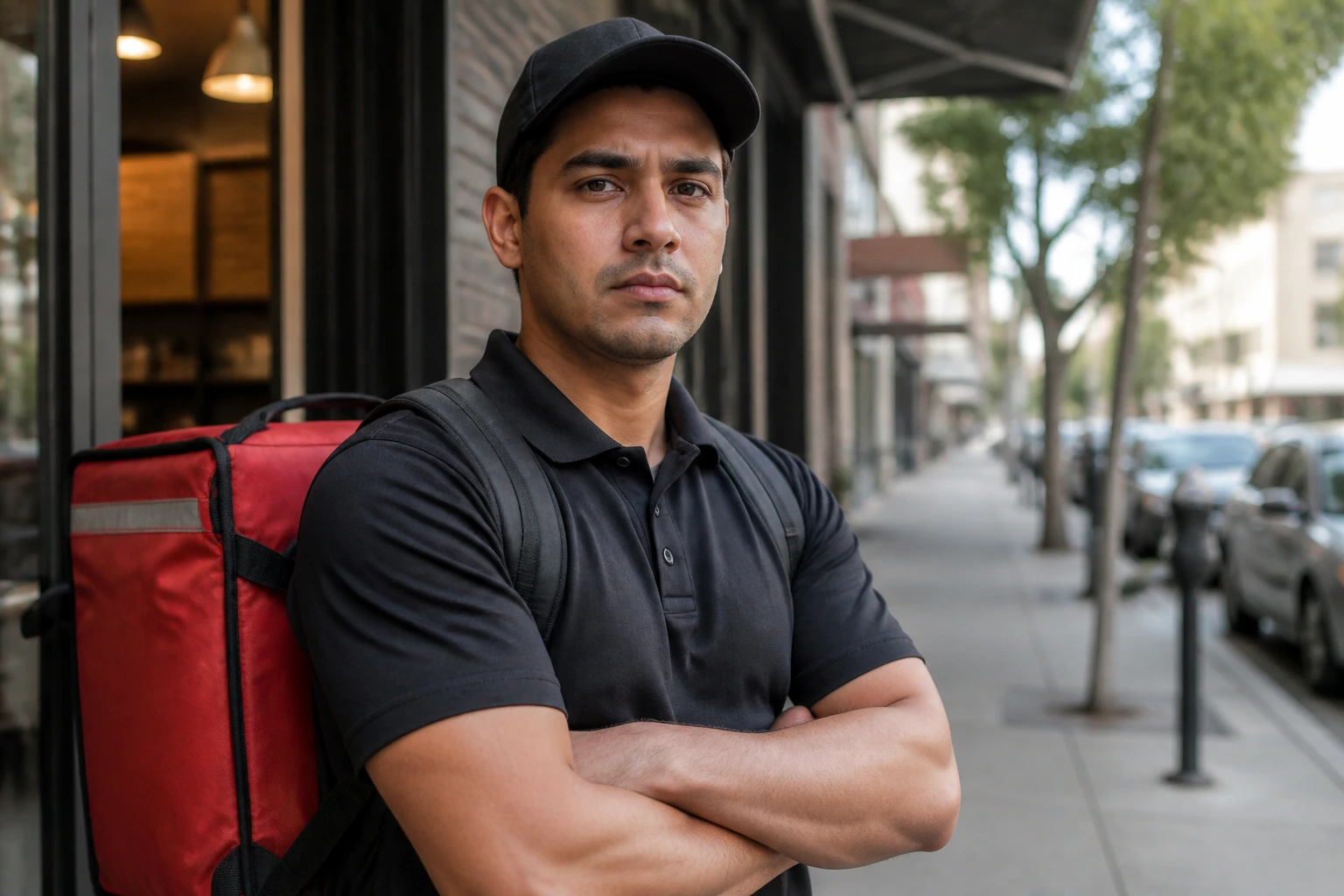 Delivery driver in uniform in a generic storefront, daytime.