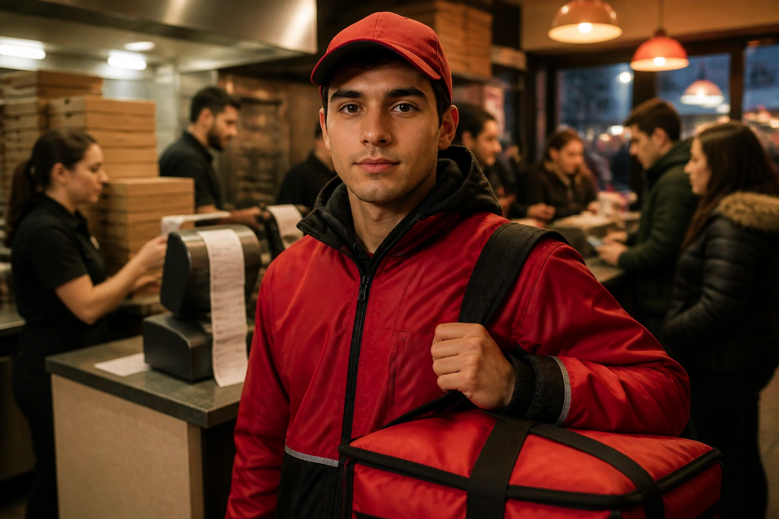 Close-up of a pizza delivery driver in uniform amid evening shop rush