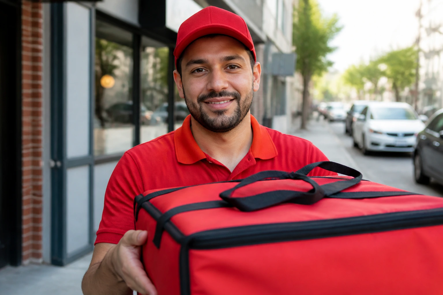 Close-up portrait of a pizza delivery worker on a city street with a plain bag