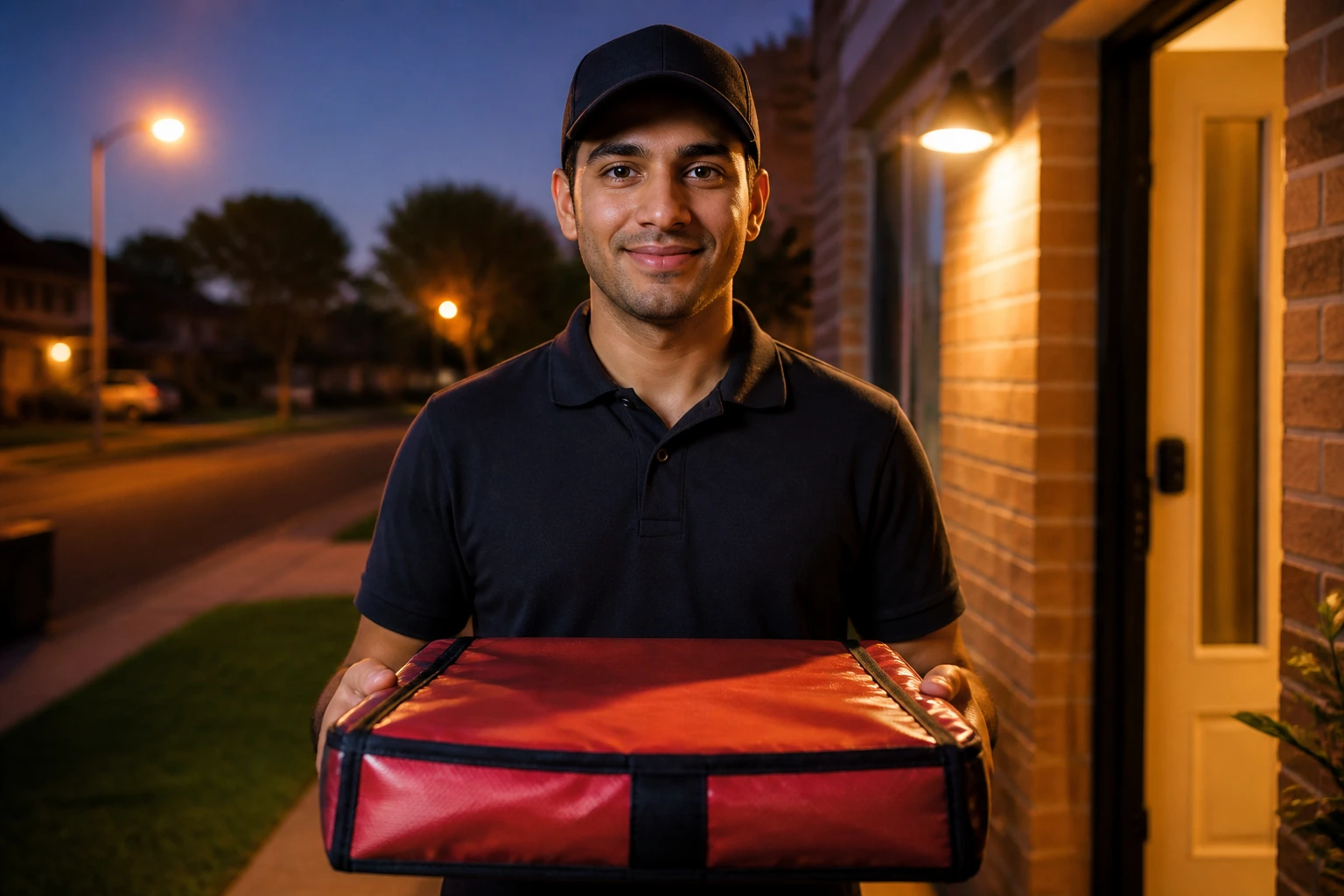 Close-up of a pizza delivery worker holding a pizza bag in a suburban doorway at dusk