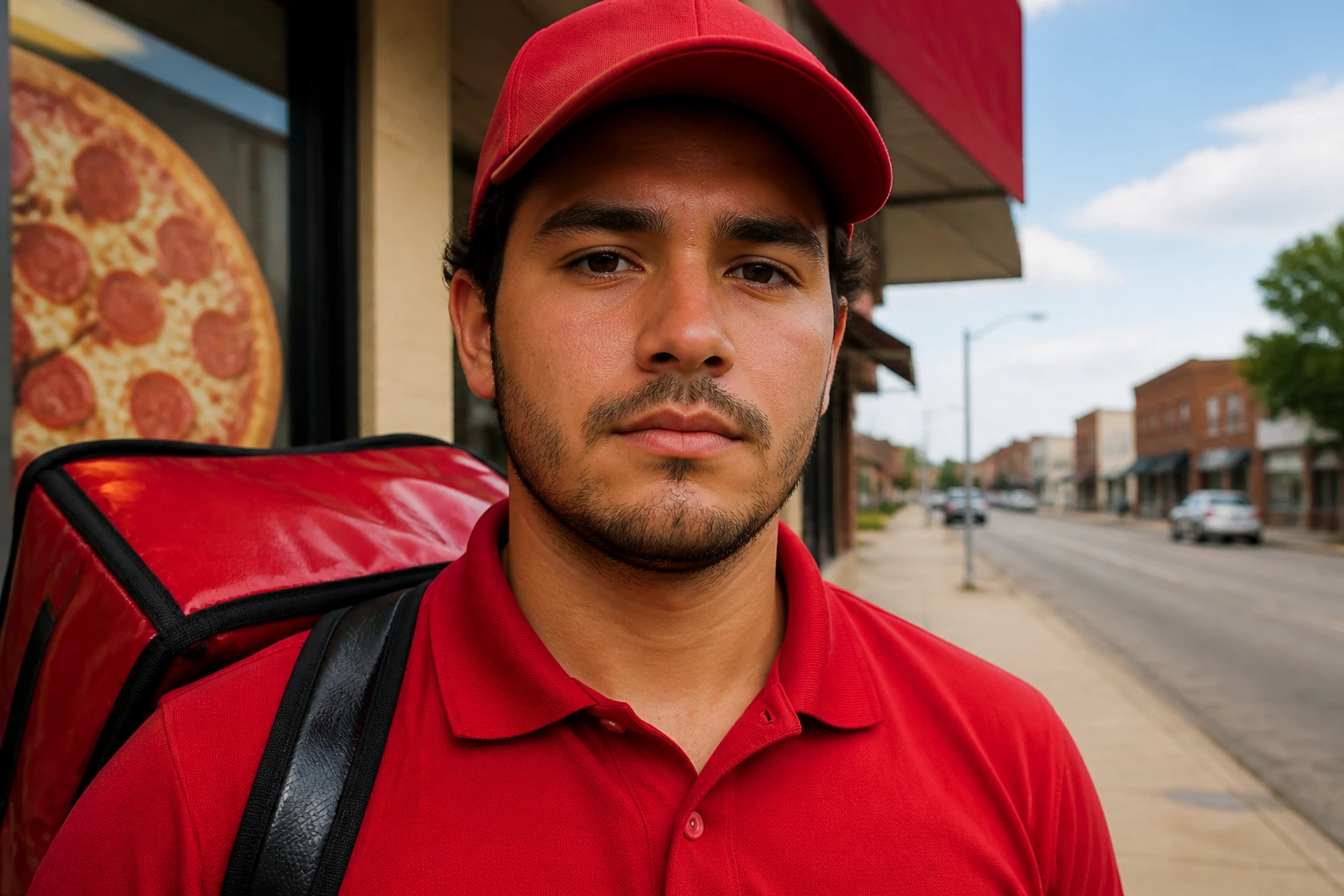 Close-up of a pizza delivery driver in uniform in front of a small-town shop during daytime.