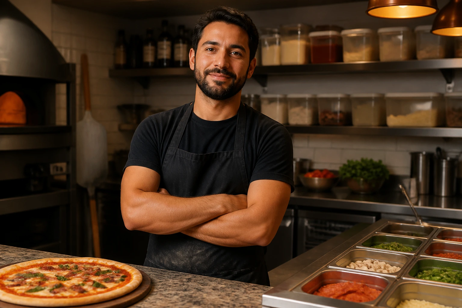 Real person at a pizza shop kitchen counter, suggesting sponsorship potential