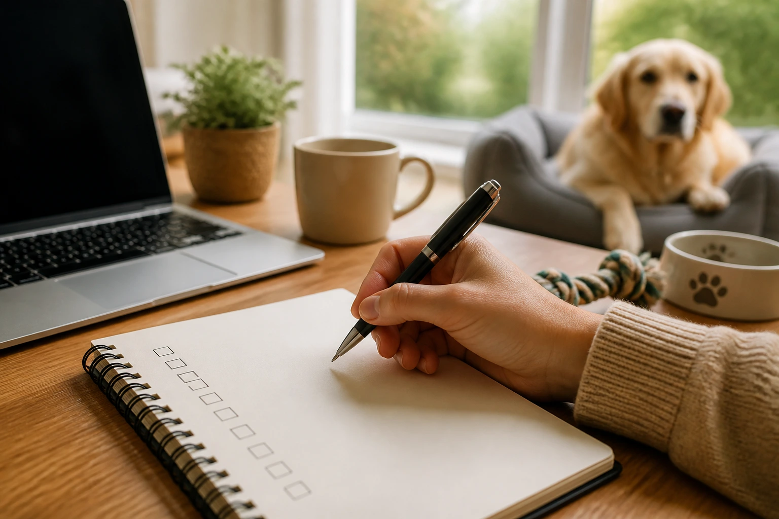 Close-up of hand over a blank checklist on a desk, planning sponsored animal-care roles in the UK