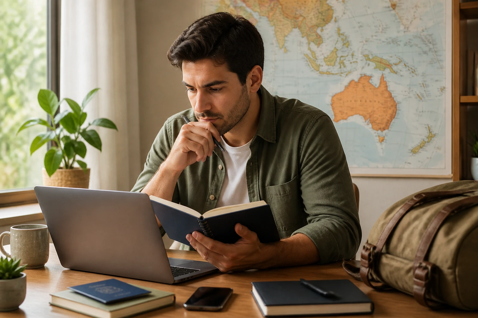 Focused individual planning a move to Australia at a desk with a map in the background