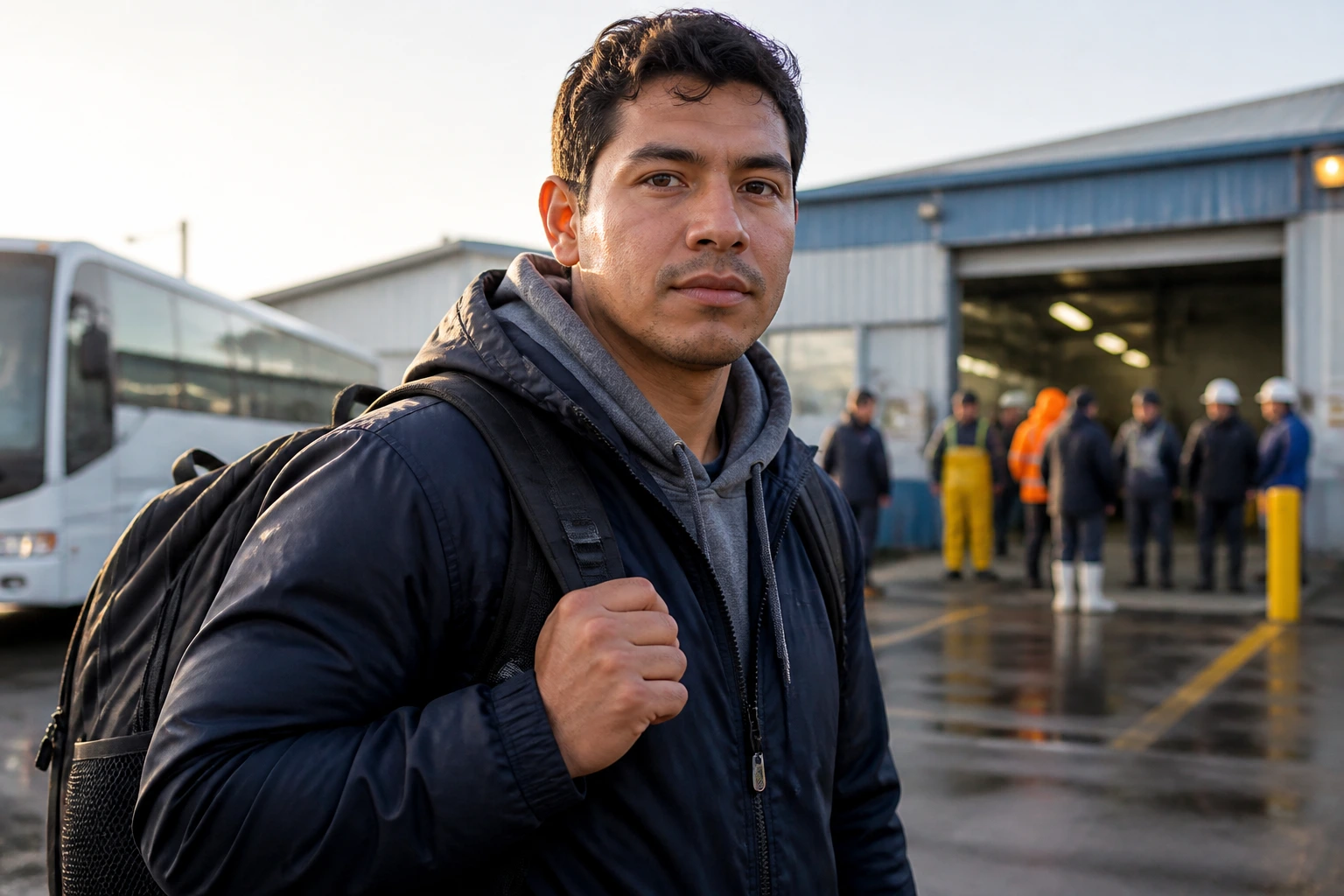 Real worker arriving at a seafood plant during the first week