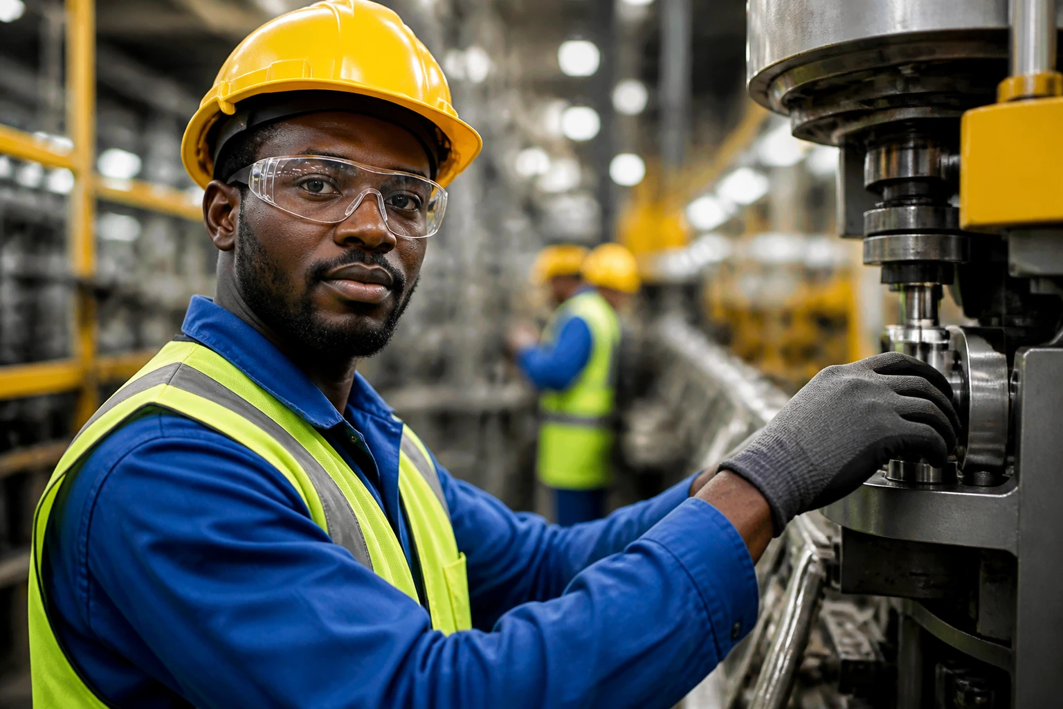 Worker in PPE on factory floor examining a control panel