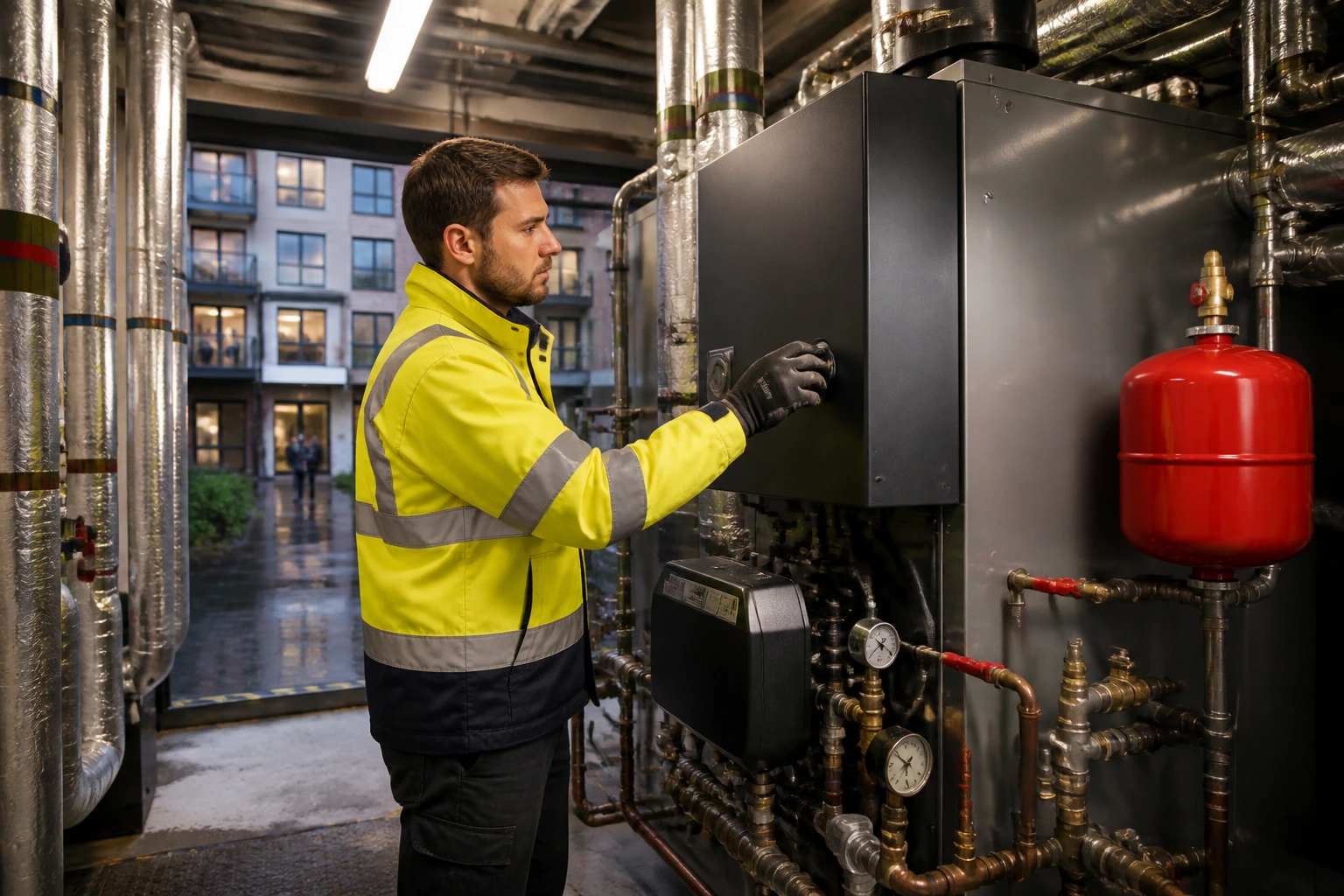Maintenance technician inspecting a boiler in a plant room with pipes and gauges