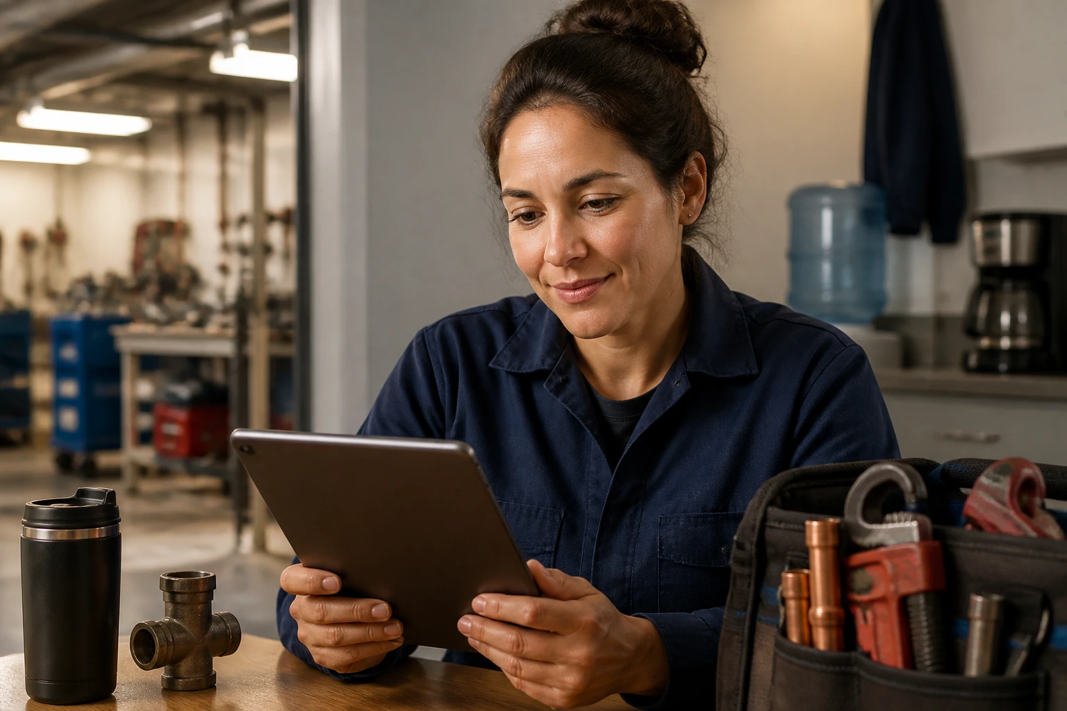 Plumber evaluating pay and benefits on a tablet in a break room