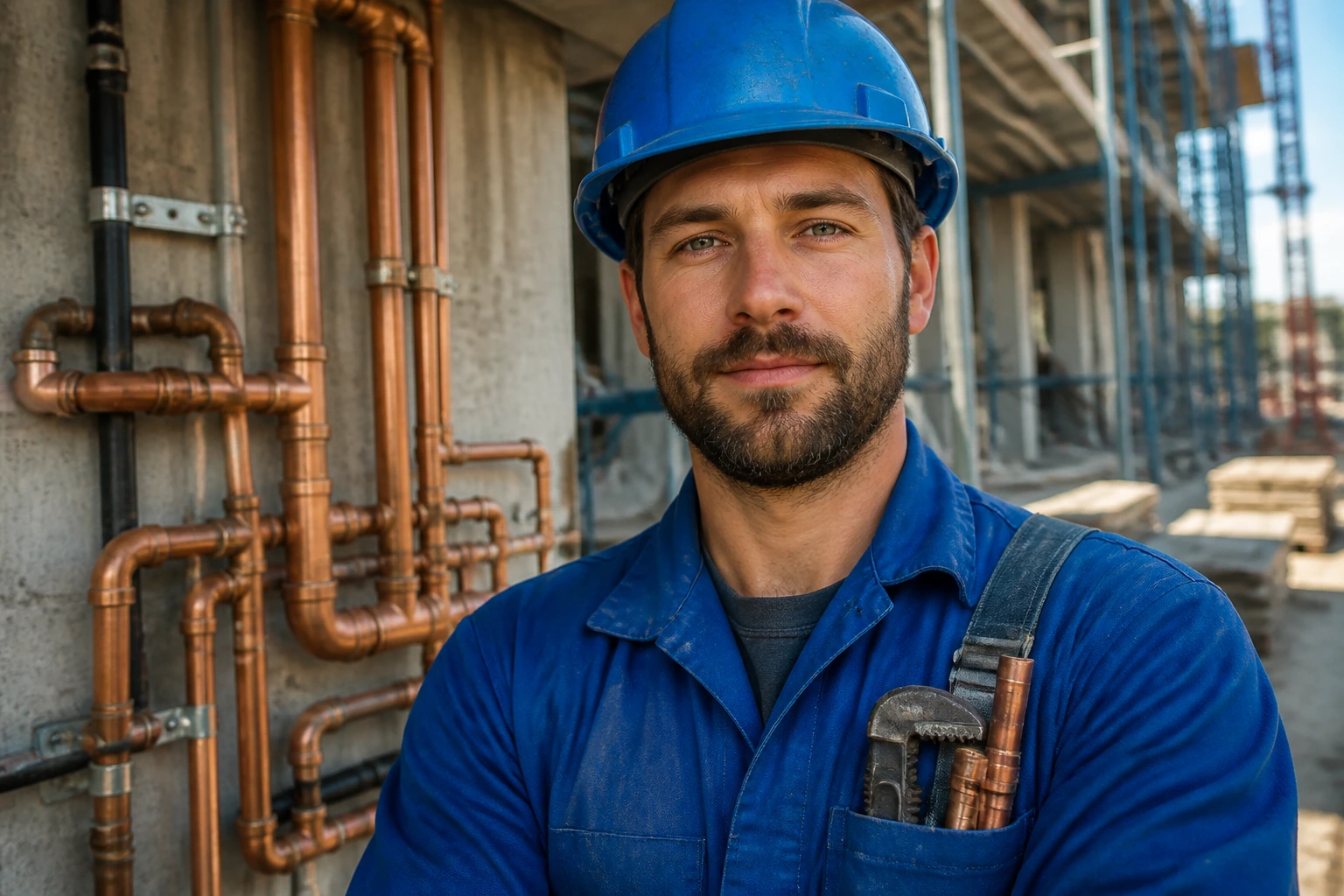 Close-up of a skilled plumber at a construction site, symbolizing high demand in Canada
