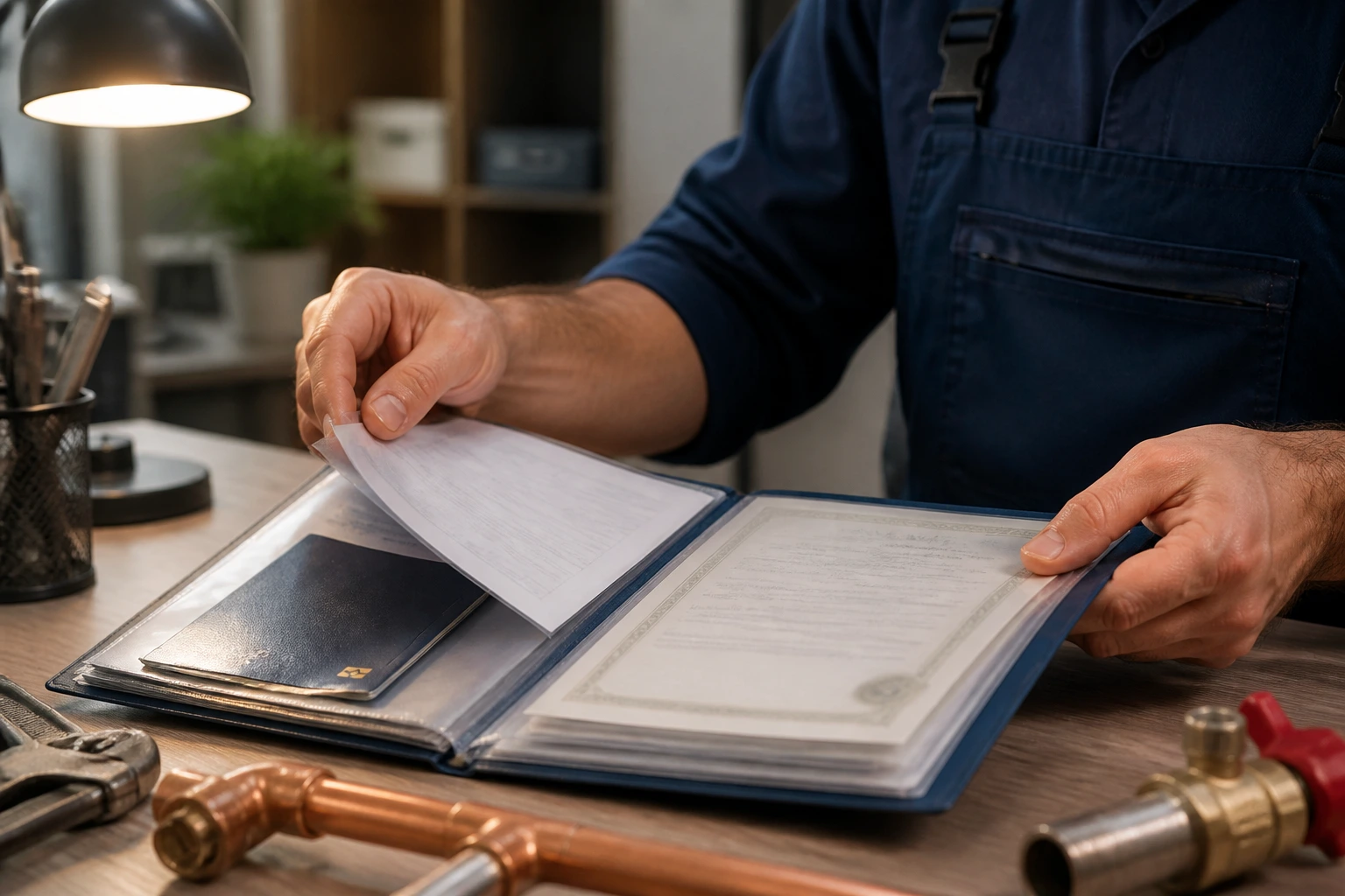 Plumber organizing application documents on a desk with blurred text