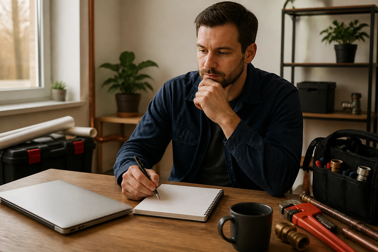 Plumber planning finances at a home office with blank notebook