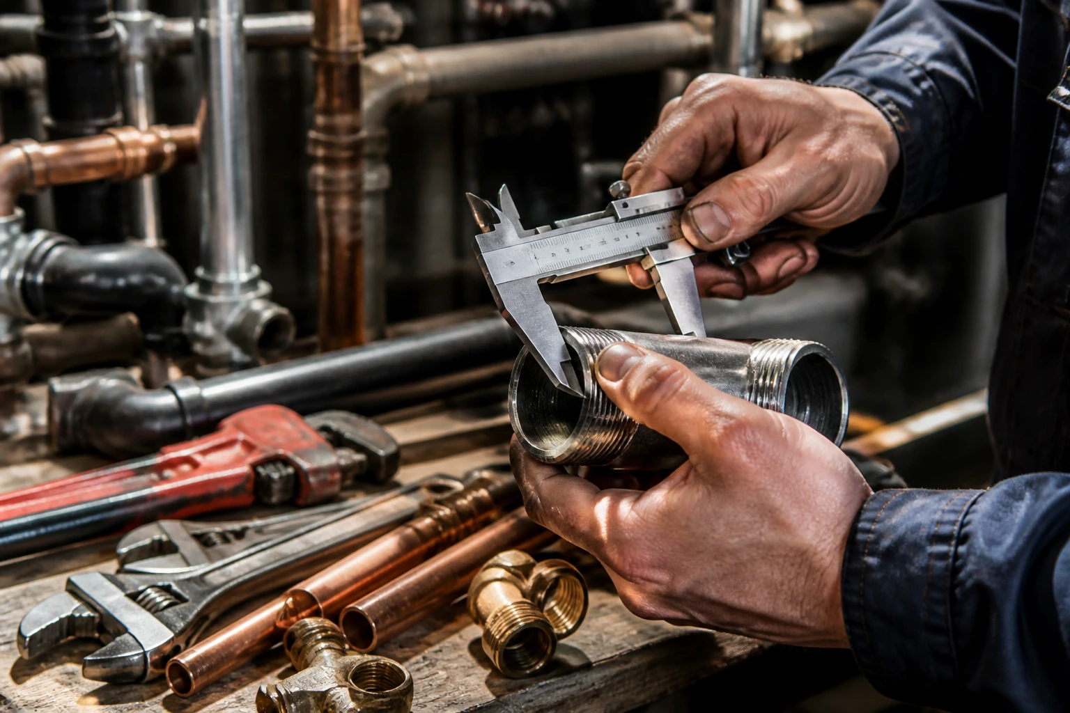 Close-up of plumber's hands measuring a pipe with caliper in a workshop