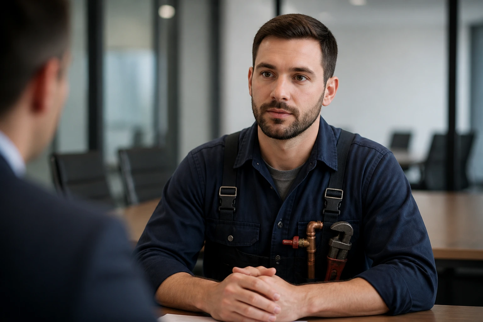 Portrait of a plumber in a professional interview setting