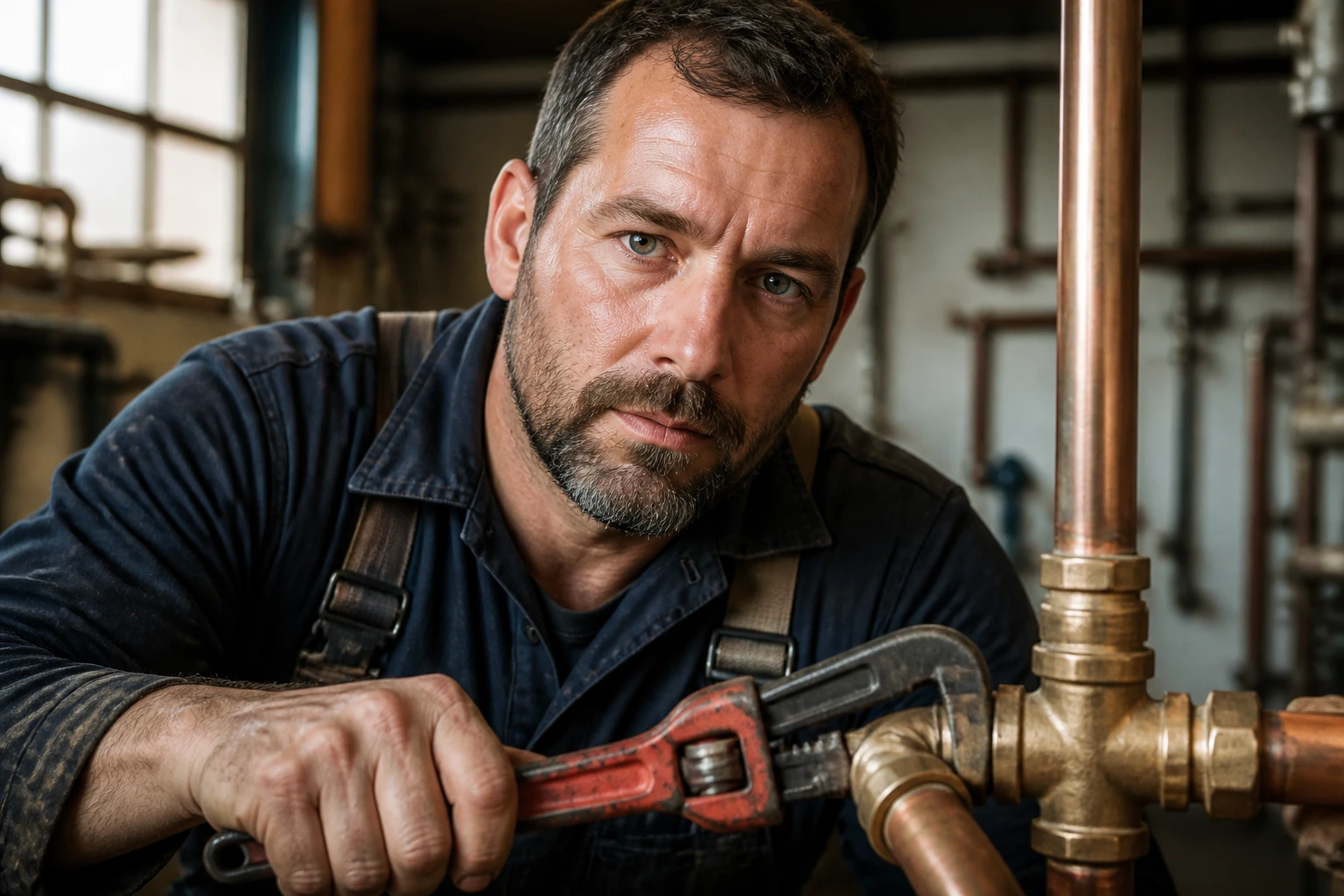 Close-up portrait of a seasoned plumber in workwear with a pipe wrench in a workshop