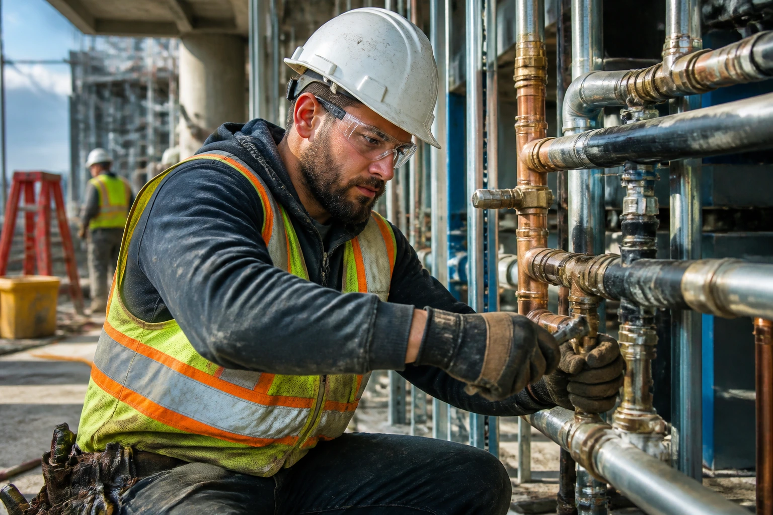 Plumber in safety PPE on a construction site