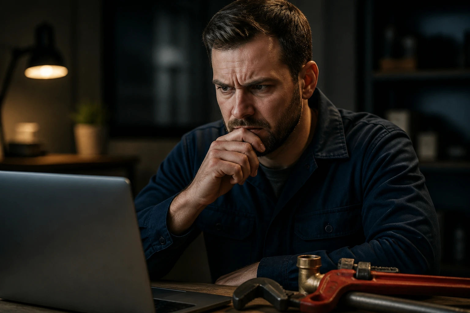 Plumber wary of recruitment scams while inspecting a laptop