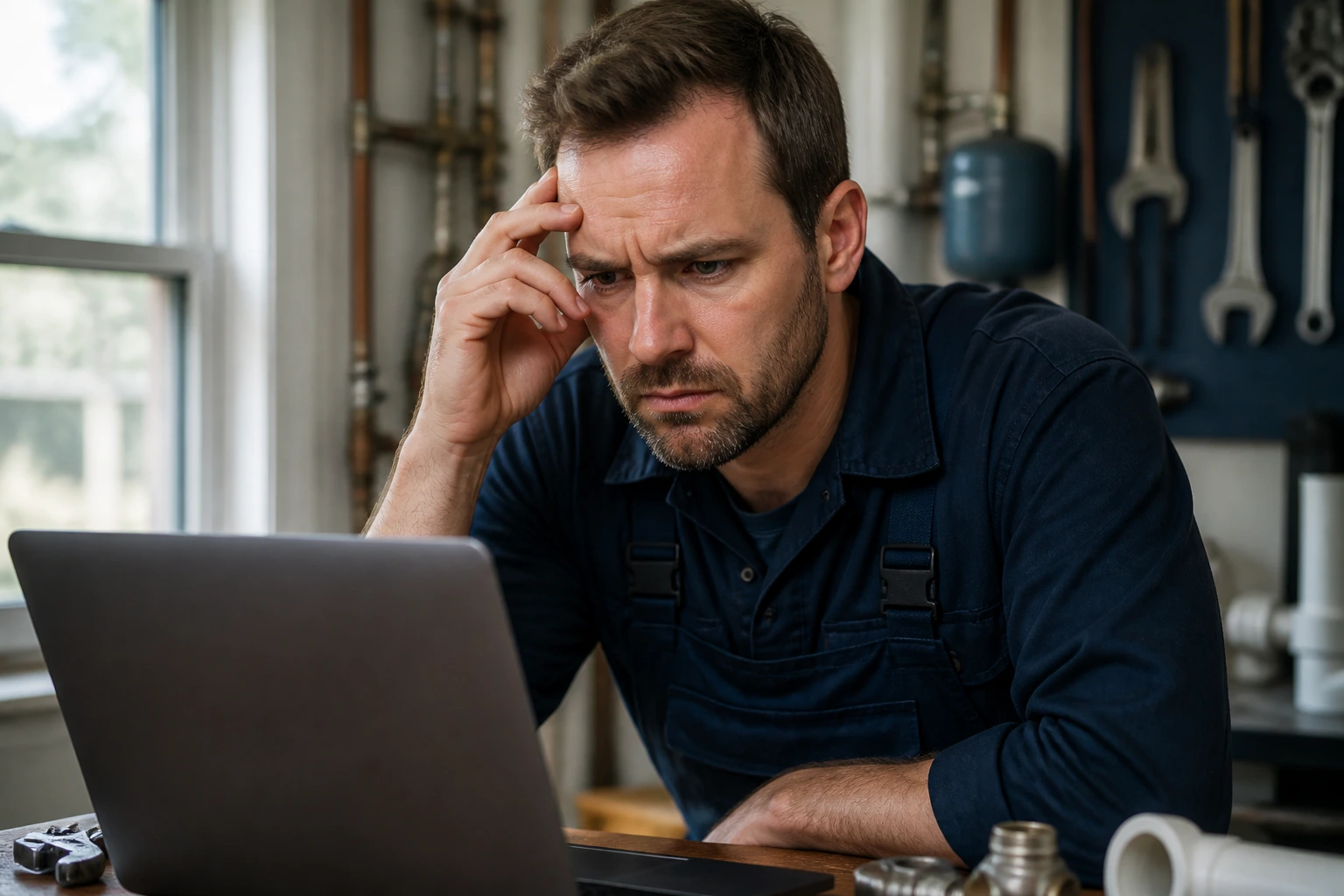 Plumber detecting red flags in a job offer on screen