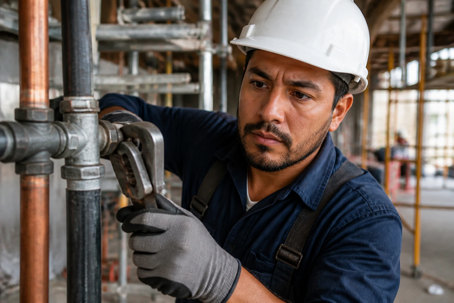 Close-up portrait of a plumber on site with focused expression