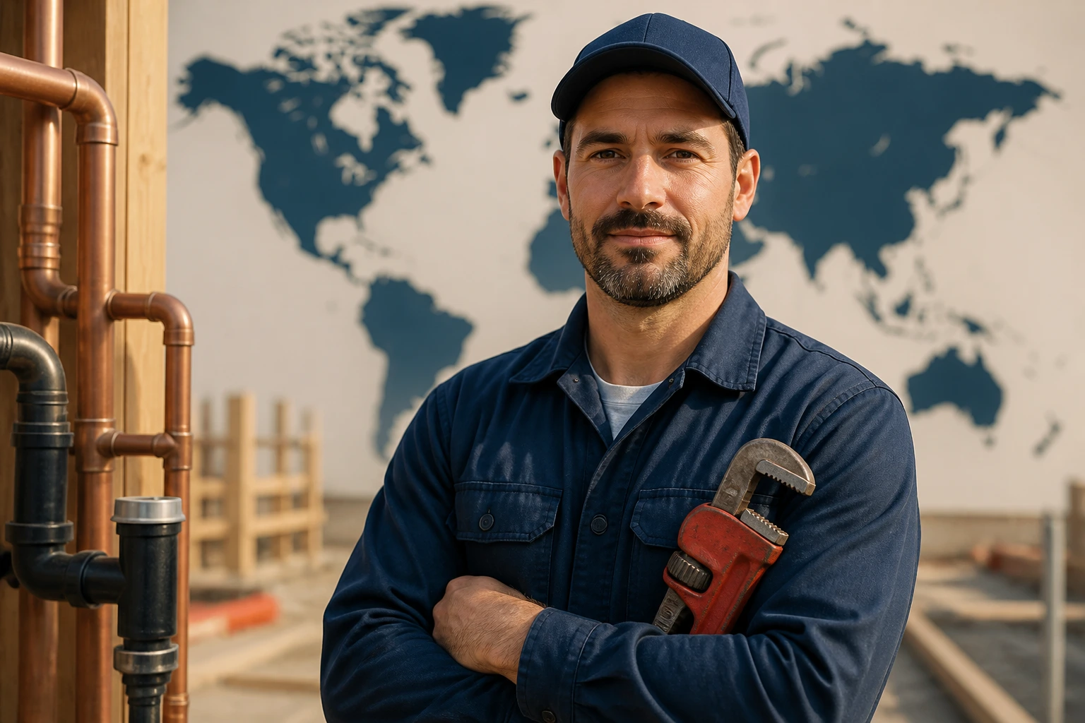 Medium close-up of a plumber at a construction site with a world map silhouette in background