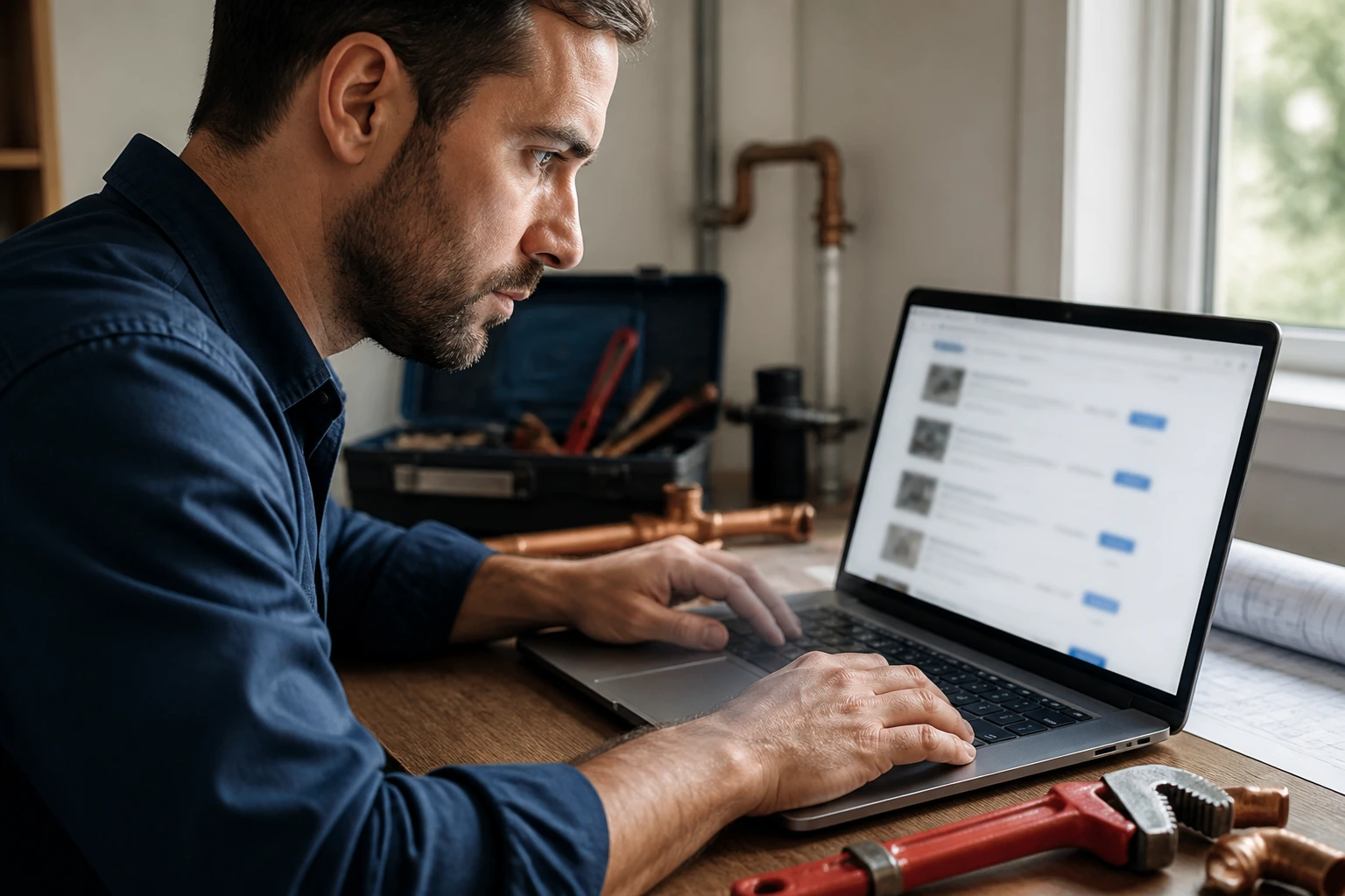 Close-up of a plumber at a laptop researching visa sponsored jobs in the USA