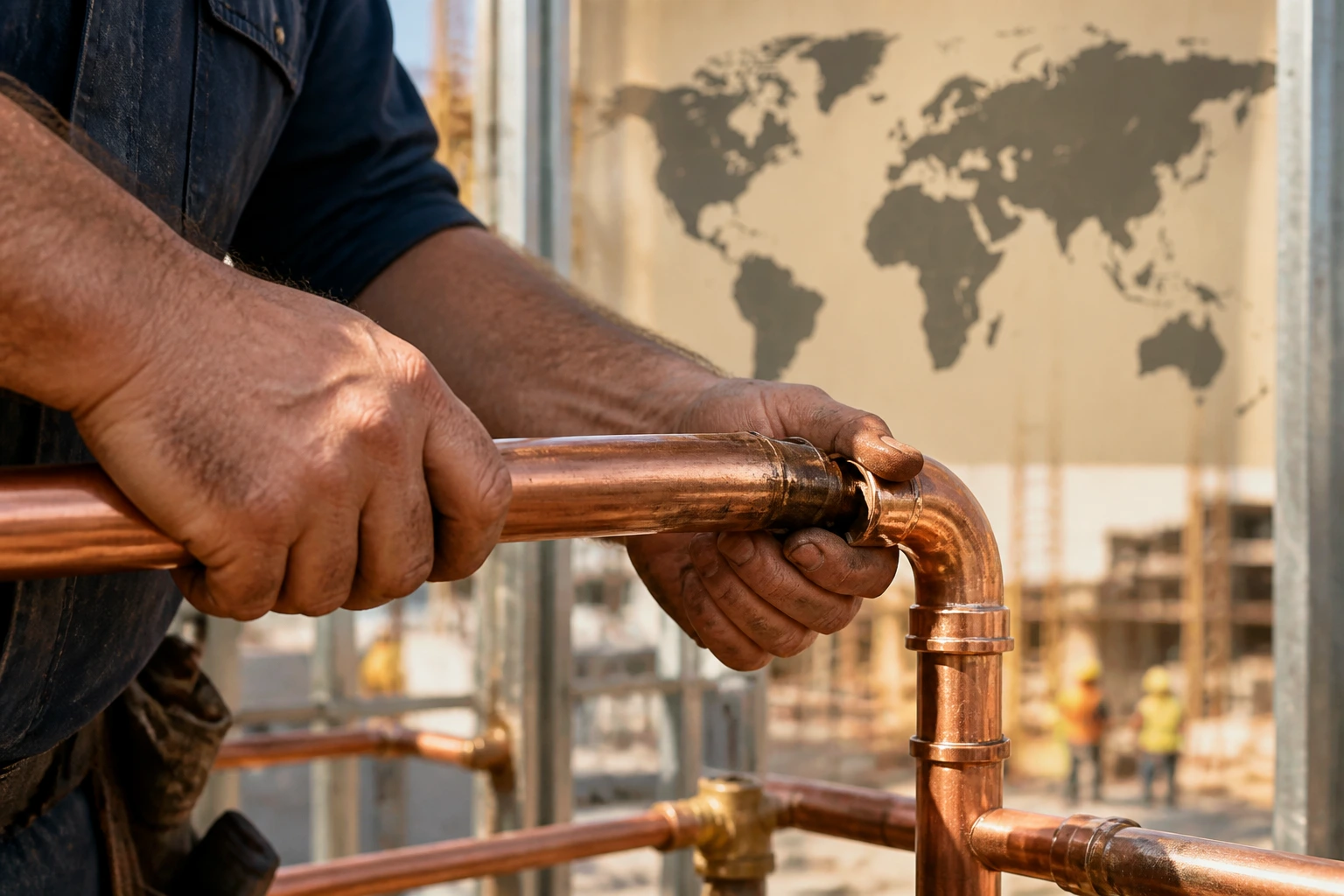 Close-up of a plumber's hands on a copper pipe with a world map silhouette behind