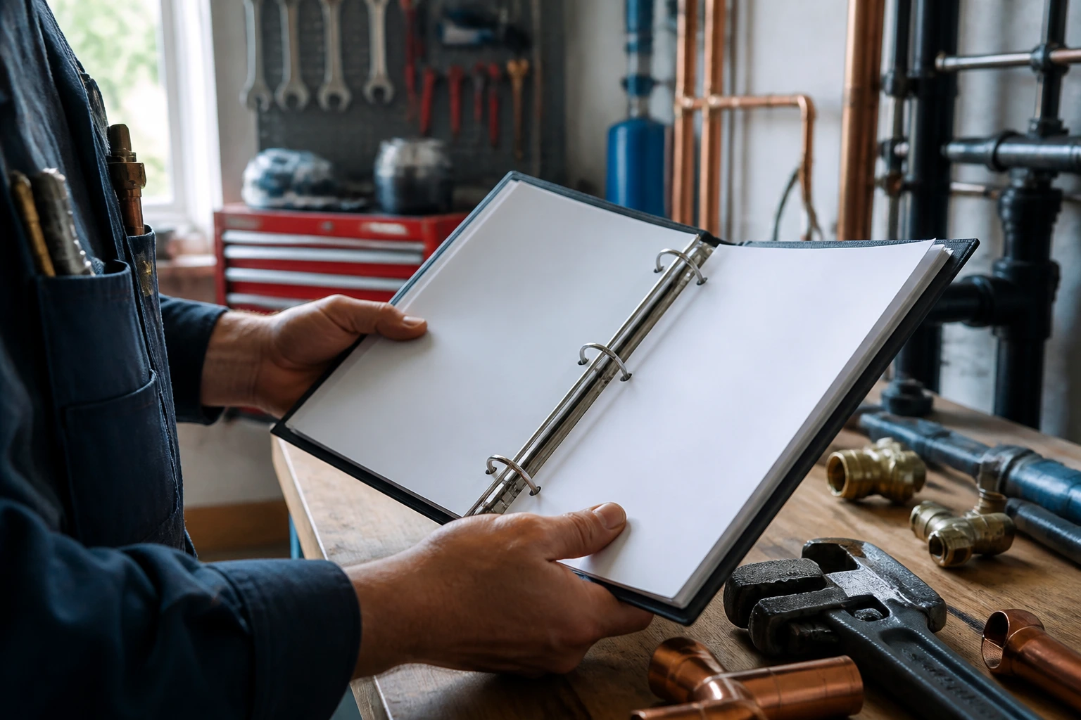 Close-up of a plumber's hands holding a blank binder in a workshop to illustrate evaluating plumbing qualifications