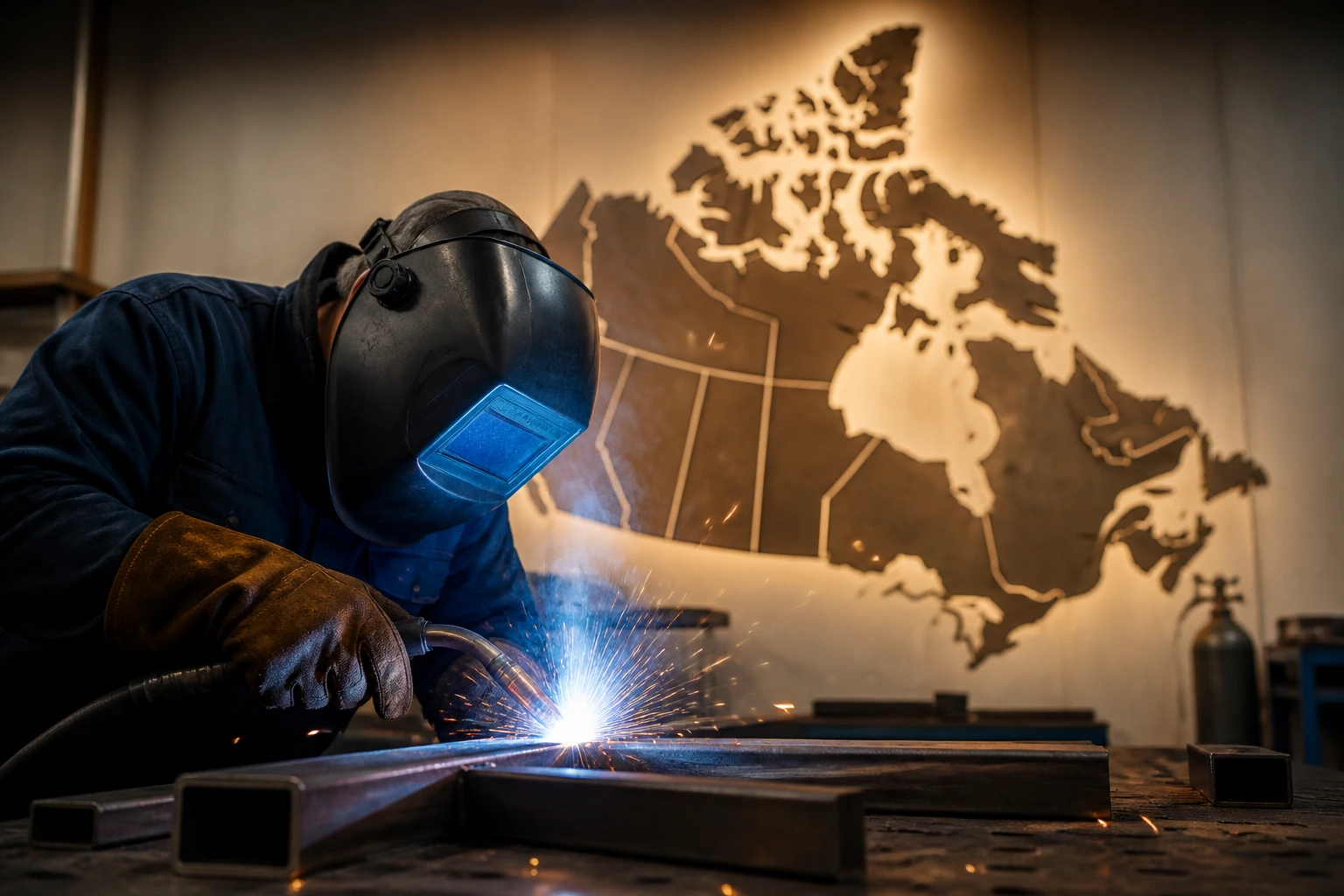 Welder in workshop with Canada map silhouette backdrop