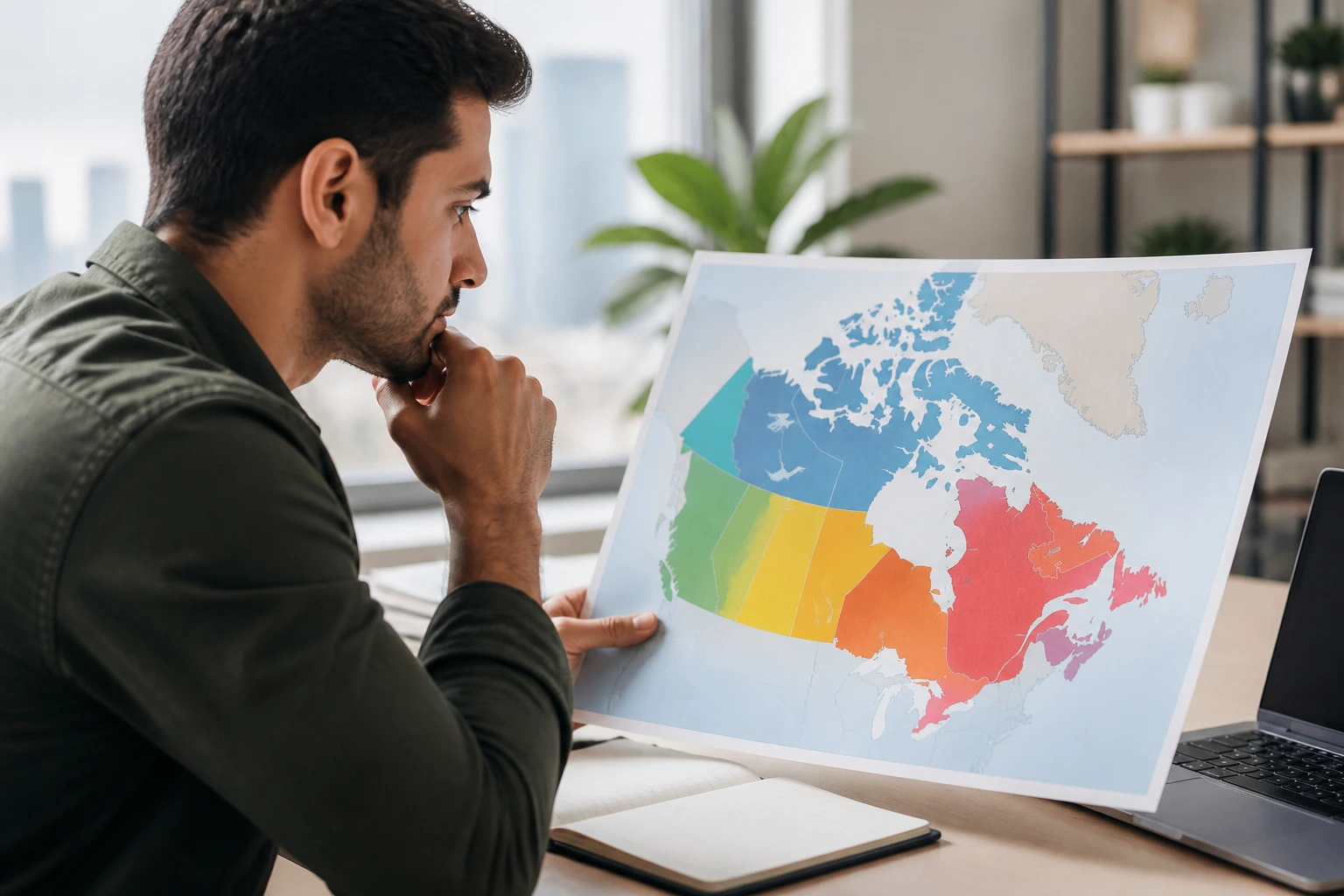 Person studying a color-coded map of Canada in an office