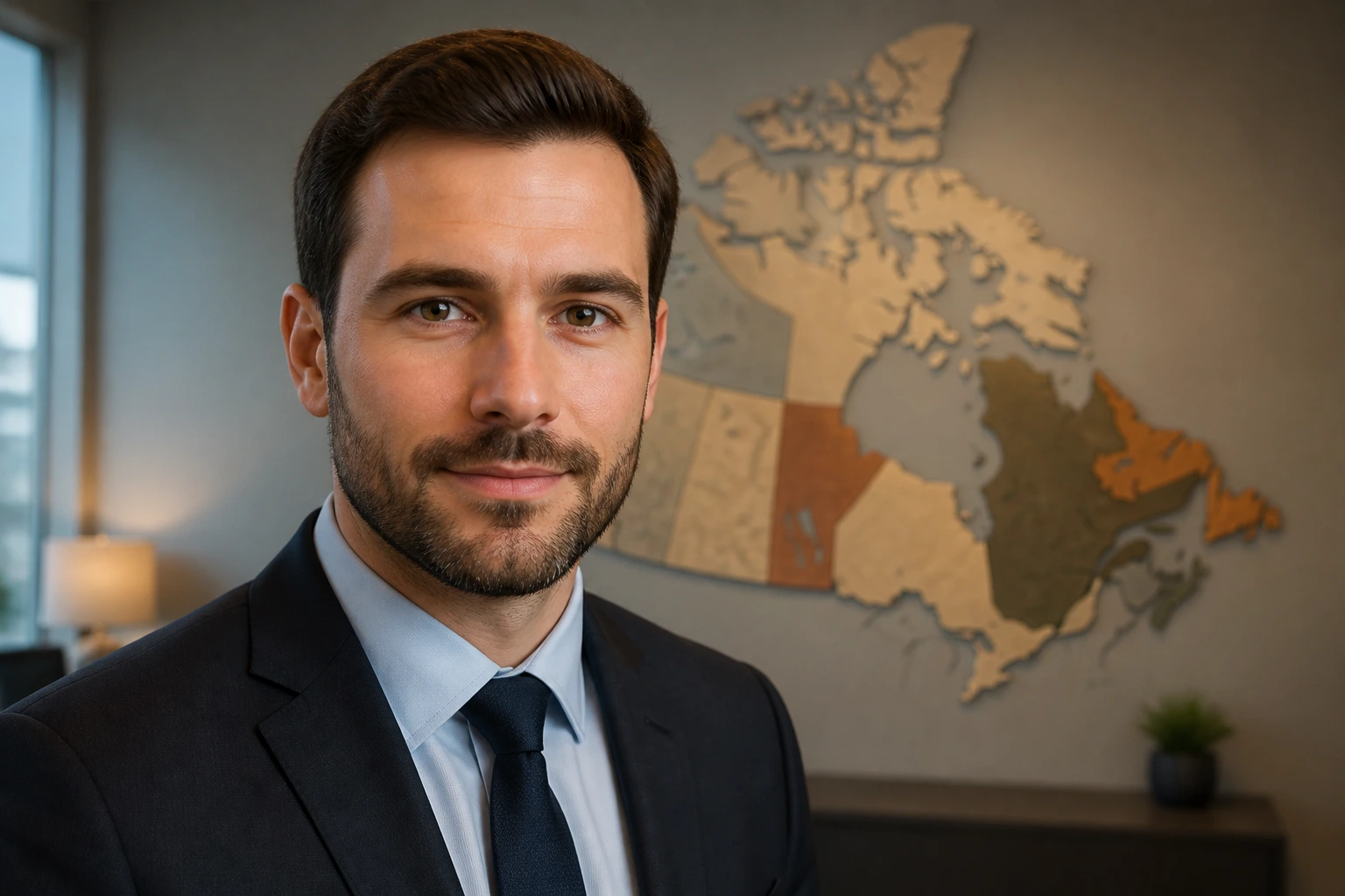Portrait of a professional with map-inspired backdrop suggesting Canadian provinces, no text