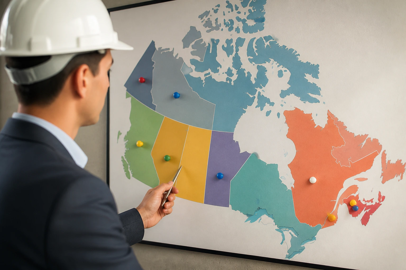 Engineer in front of a color-coded map illustrating provincial streams