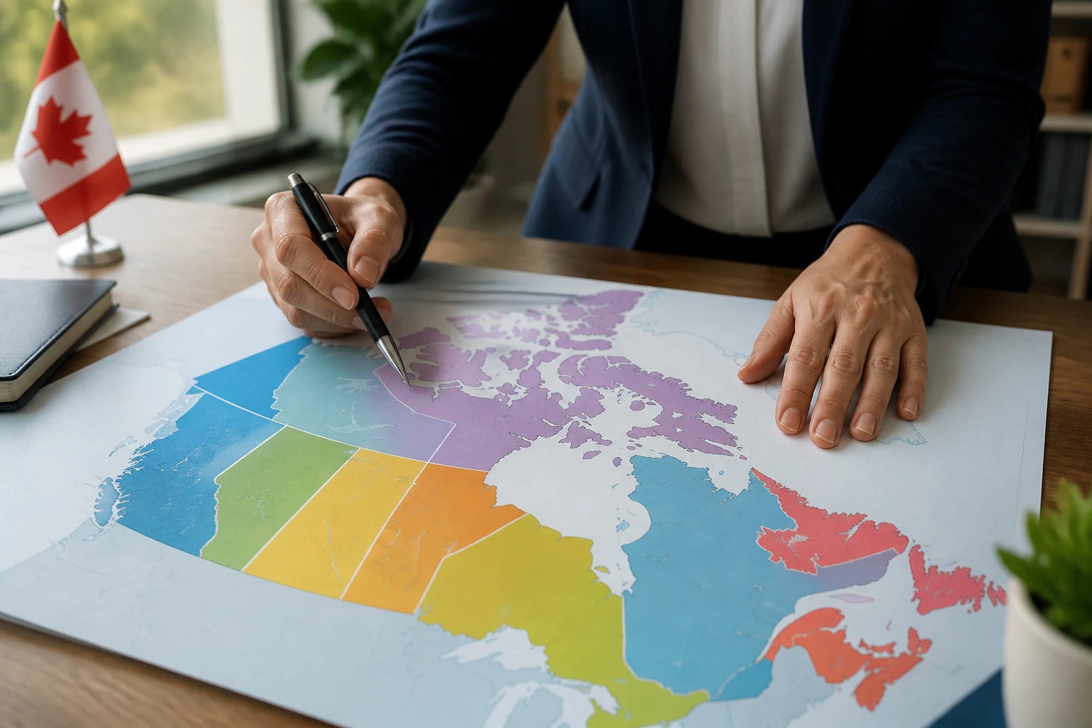 Close-up of hands over a color-coded Canada map, symbolizing PNP navigation.