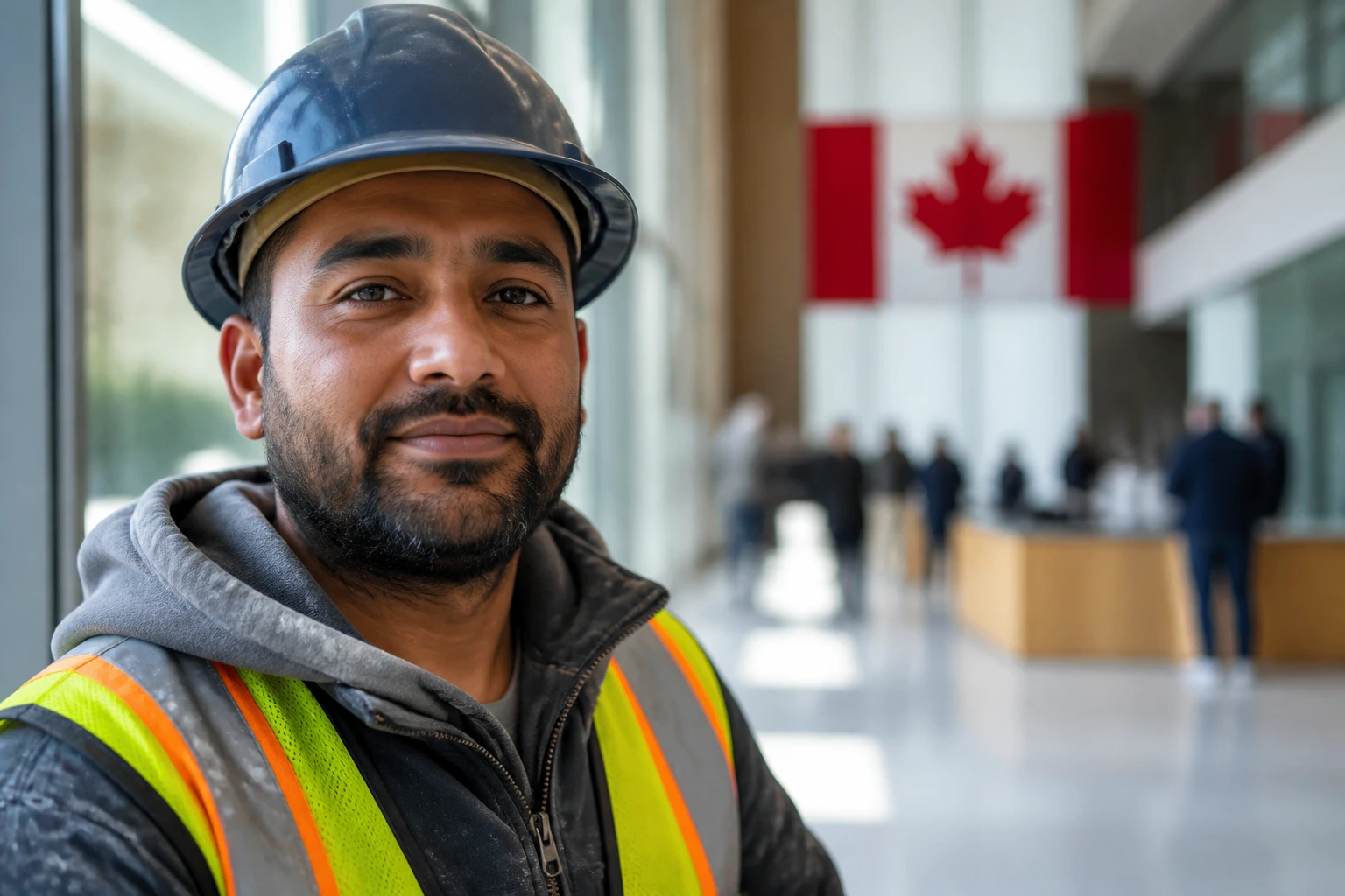 Close-up portrait of a construction worker representing the PNP pathway with a government building background