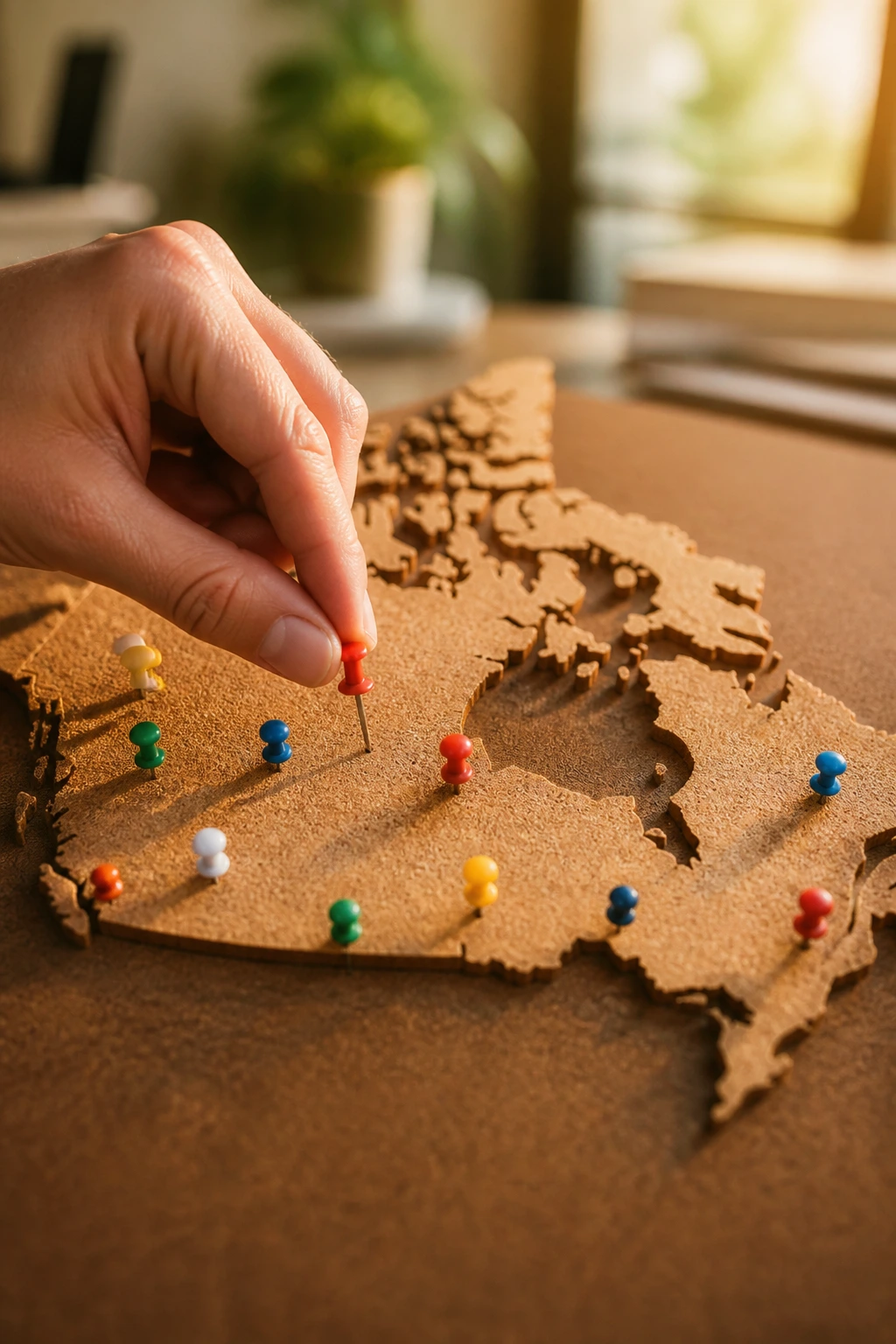 Close-up of a hand pinning a corkboard map representing Provincial Nominee Programs