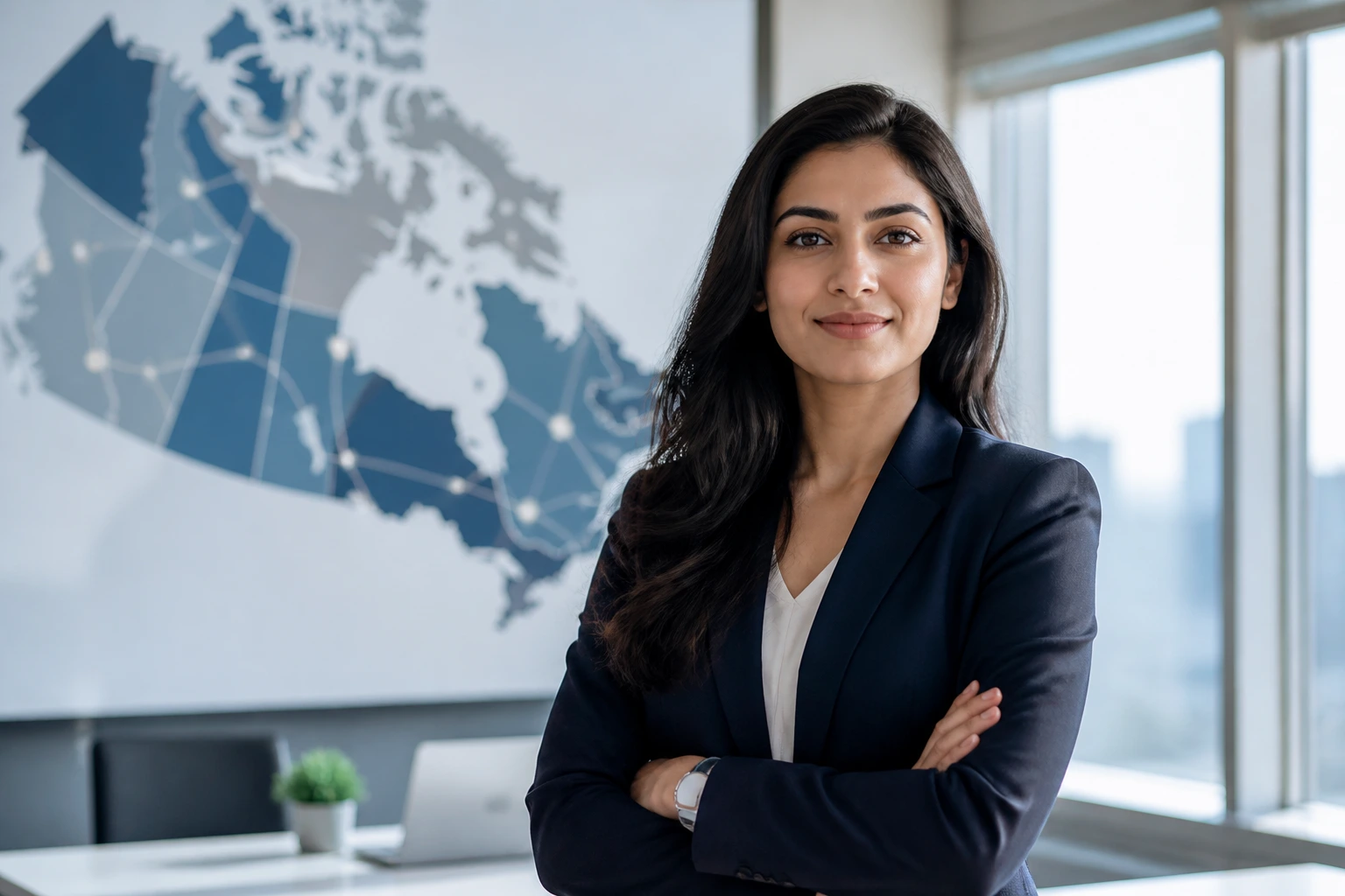 Portrait of a candidate in an office with a provincial map backdrop