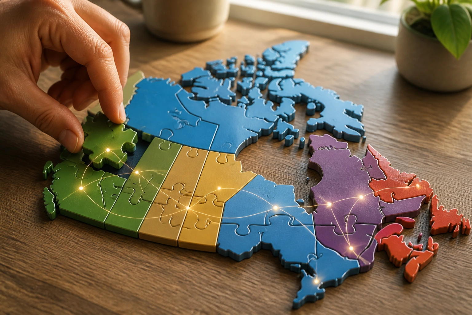 Hand arranging puzzle pieces on desk to form a map of Canada, illustrating PNP functions