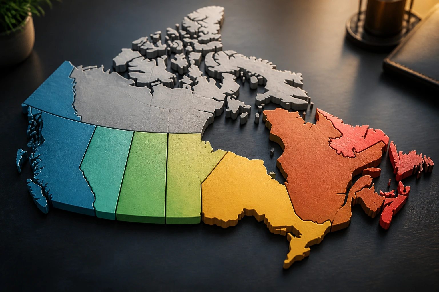 Close-up of a color-coded Canada map highlighting regional PNP strategies on a desk
