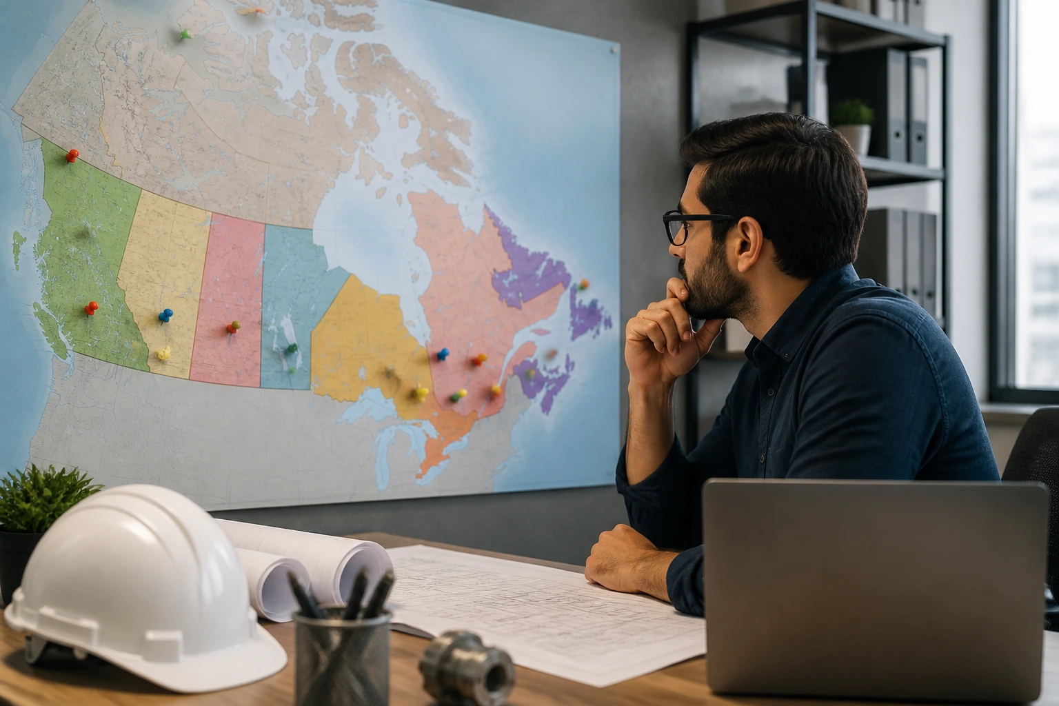 Engineer examining a wall map of Canadian provinces in an office setting.