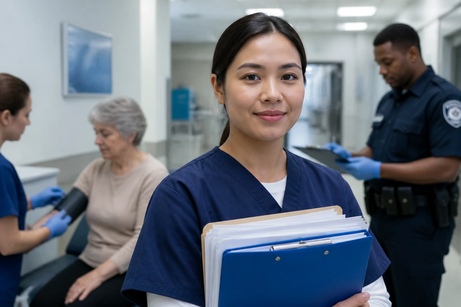 Care worker portrait in clinical hallway showing readiness and safety