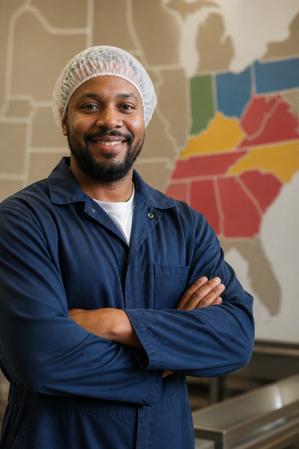 Worker in front of abstract map backdrop representing popular poultry states