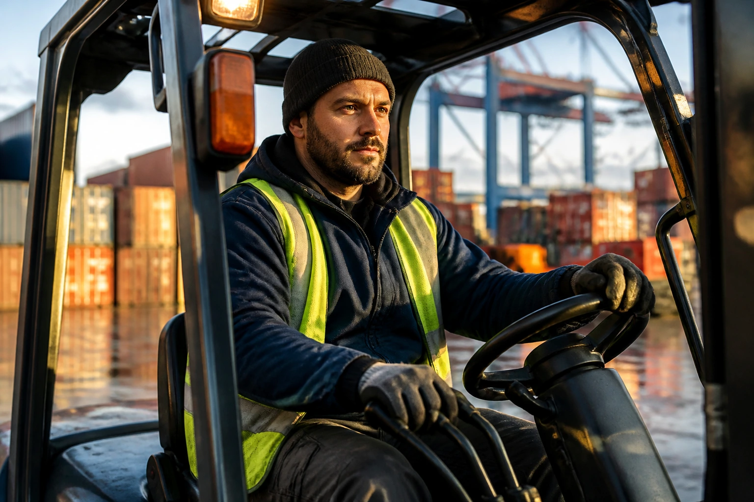 Forklift operator driving amid port logistics area with containers in the background.