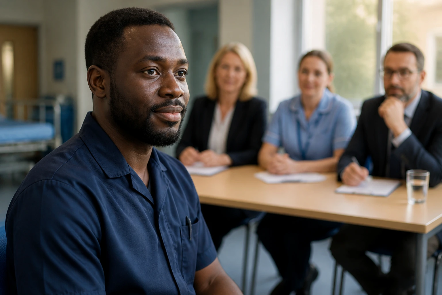 Close-up portrait of a hospital porter candidate during an interview, calm and attentive.